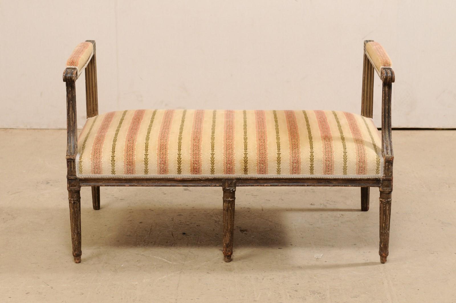 Upholstery Louis XVI Window Bench with Arms, Flute Carved Accents and Upholstered Seat