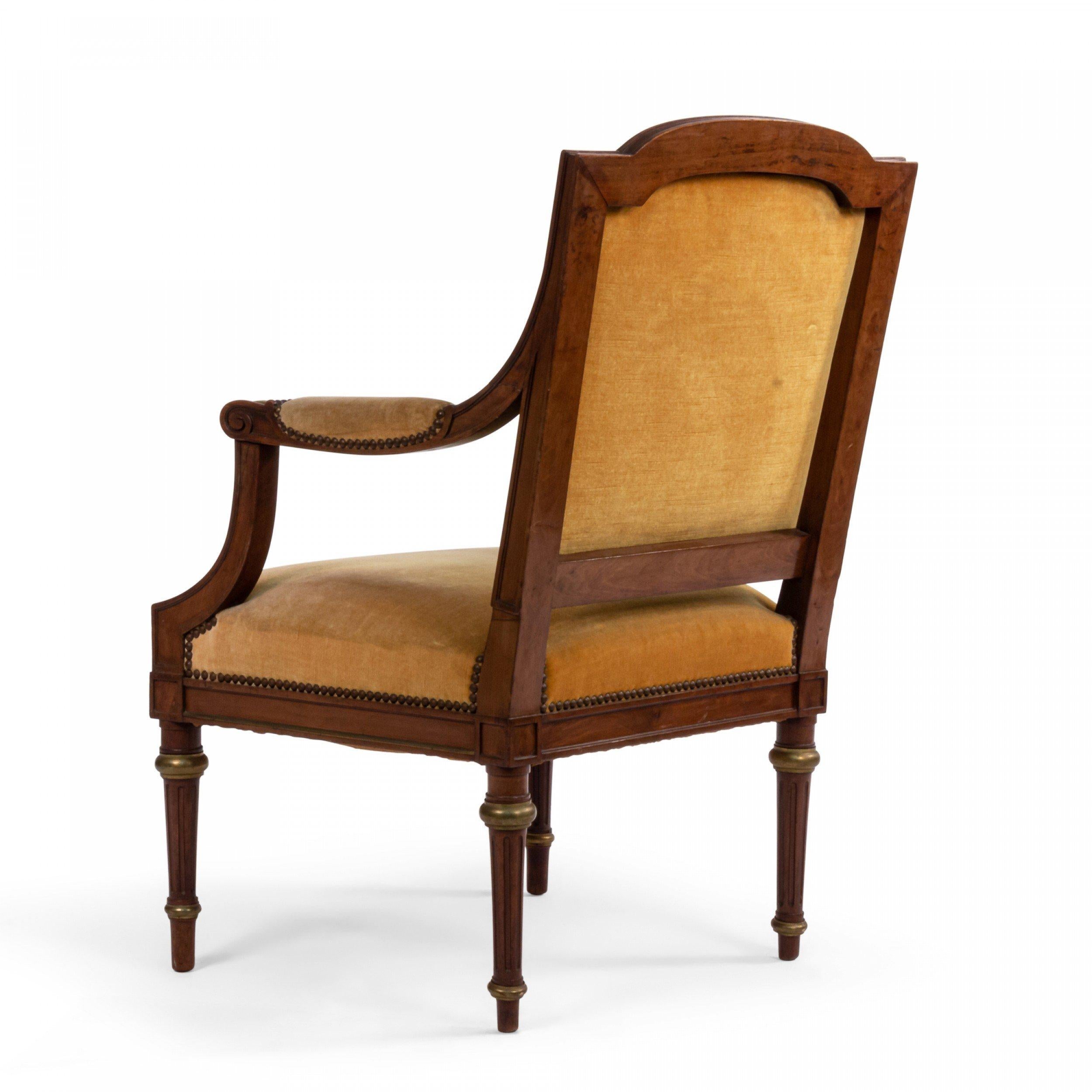 Brass French Louis XVI Yellow Velvet Arm Chair
