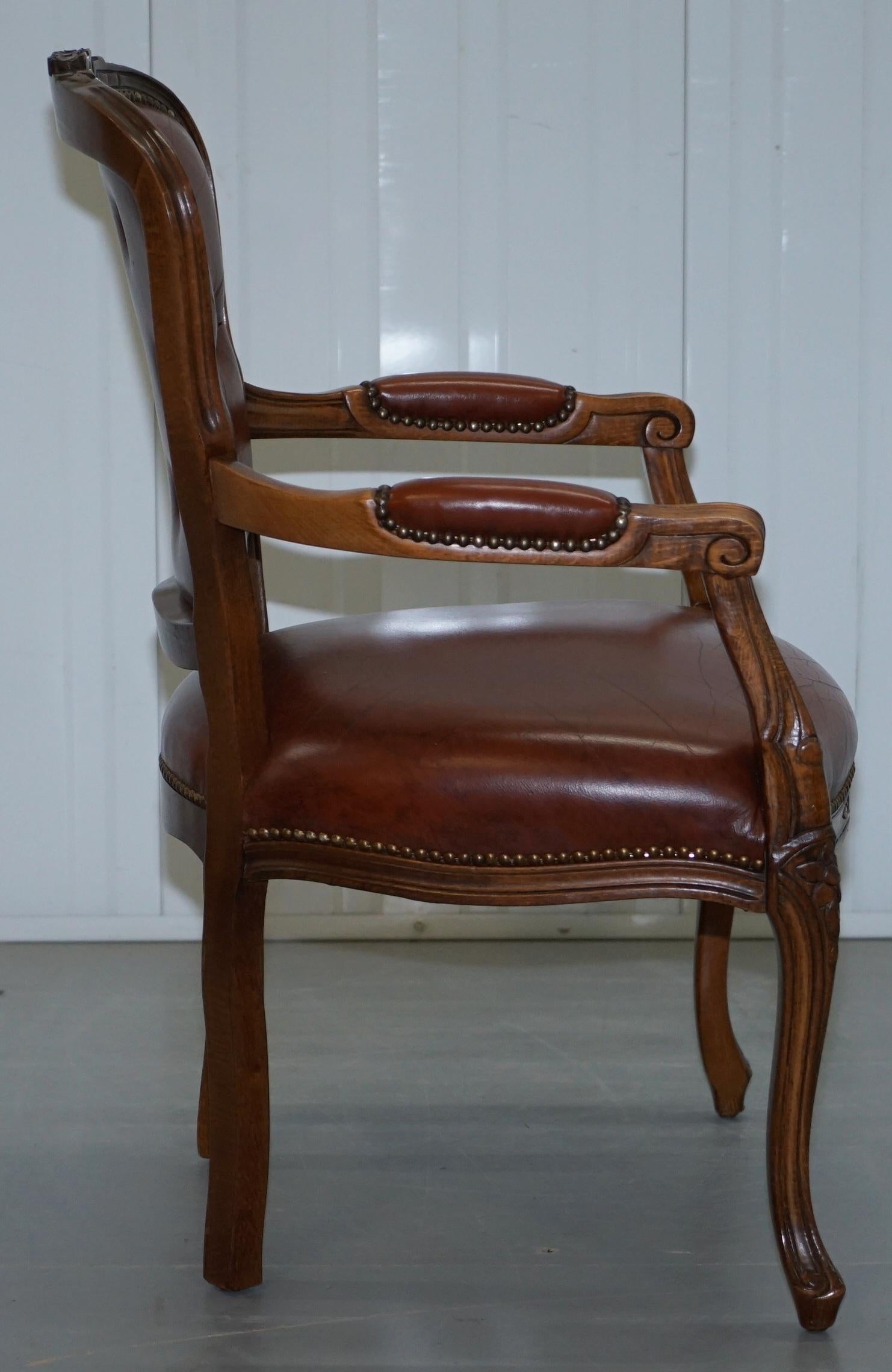 French Louis XVII Style Brown Leather Chesterfield Buttoned Armchair Fratelli 6