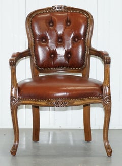 French Louis XVII Style Brown Leather Chesterfield Buttoned Armchair Fratelli