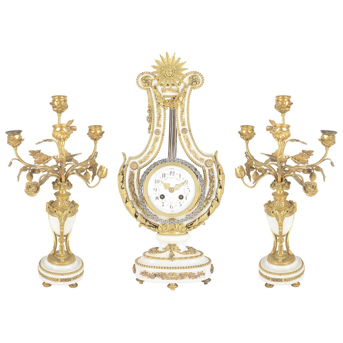 French Louise XVI Style Clock Set, 19th Century