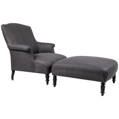 French Lounge Chair and Matching Ottoman with Wooden Turned Legs