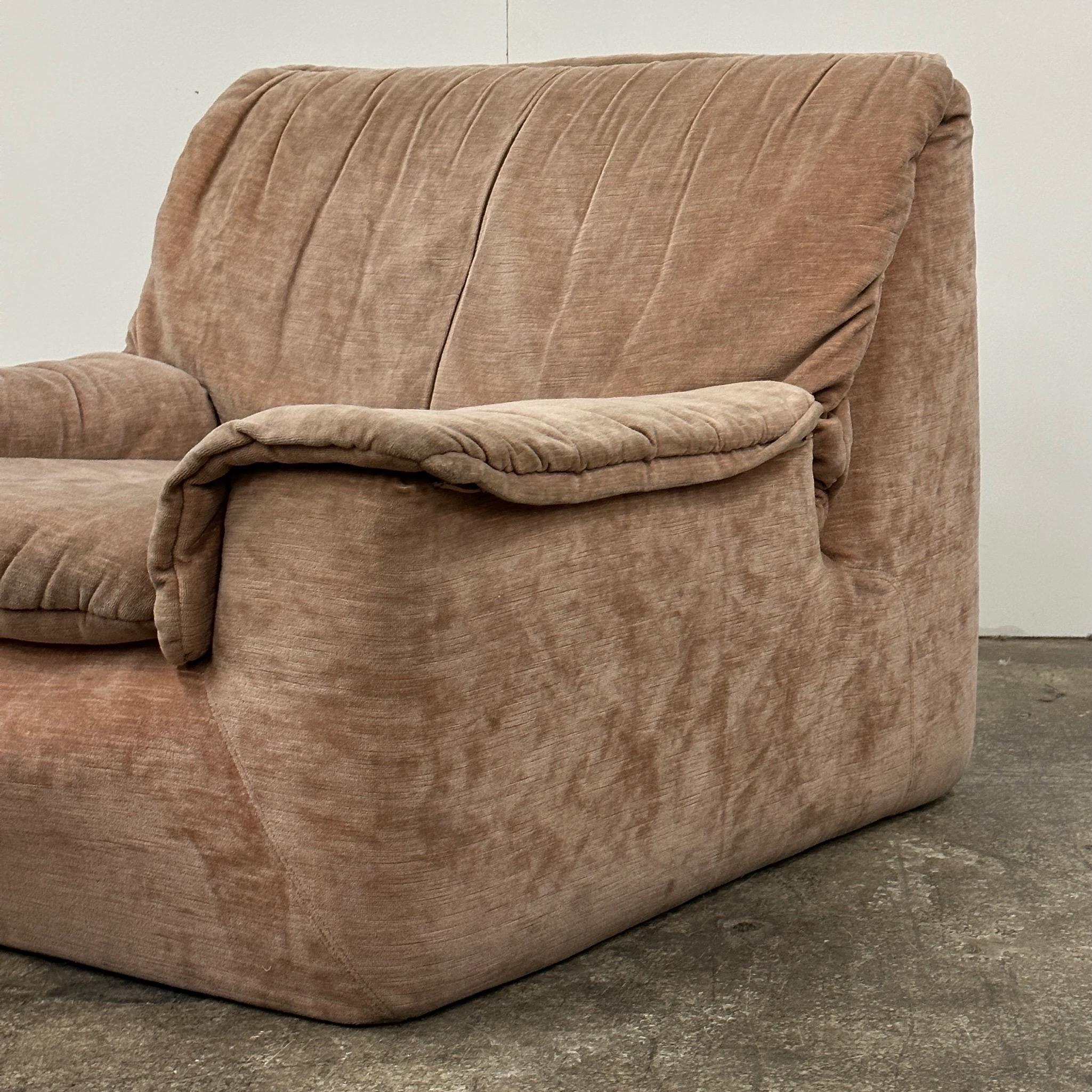 c. 1970s. Upholstered in pale pink velvet. Sculpted foam cushions. Tagged. Made by Cinna (Ligne Roset). 