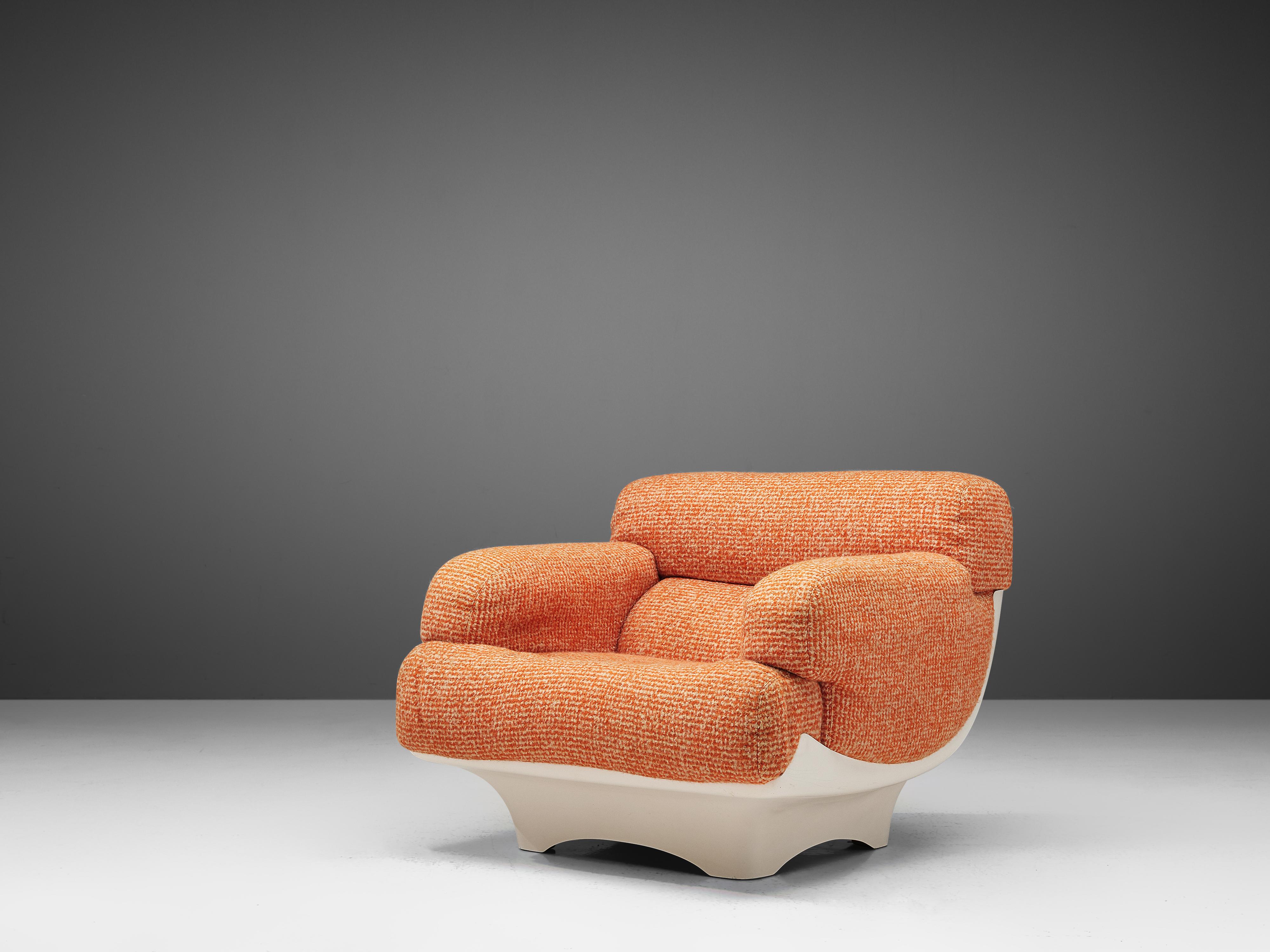 Late 20th Century French Lounge Chair in White Fiberglass and Original Orange Fabric