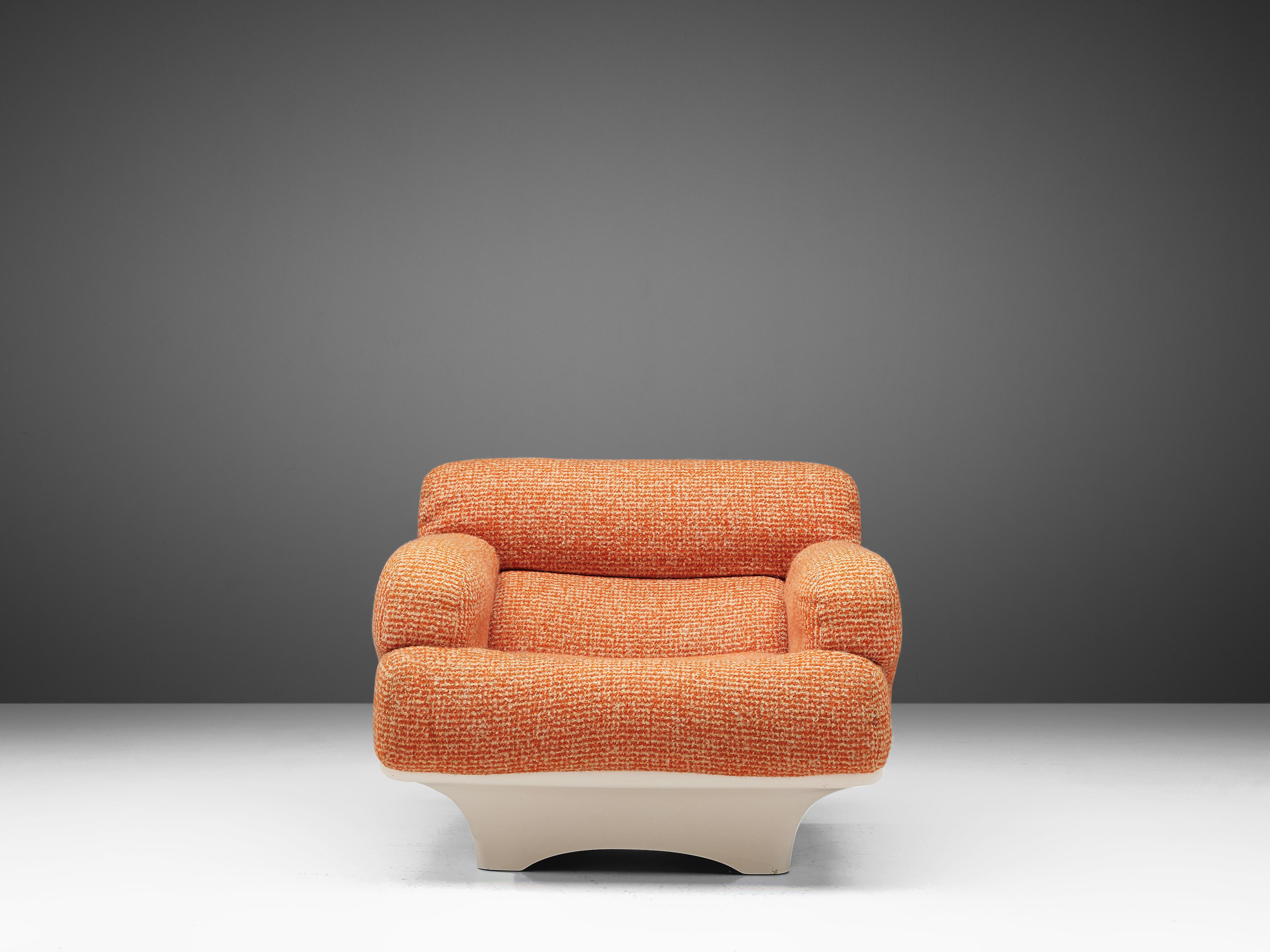 French Lounge Chair in White Fiberglass and Original Orange Fabric 1