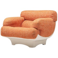 French Lounge Chair in White Fiberglass and Original Orange Fabric