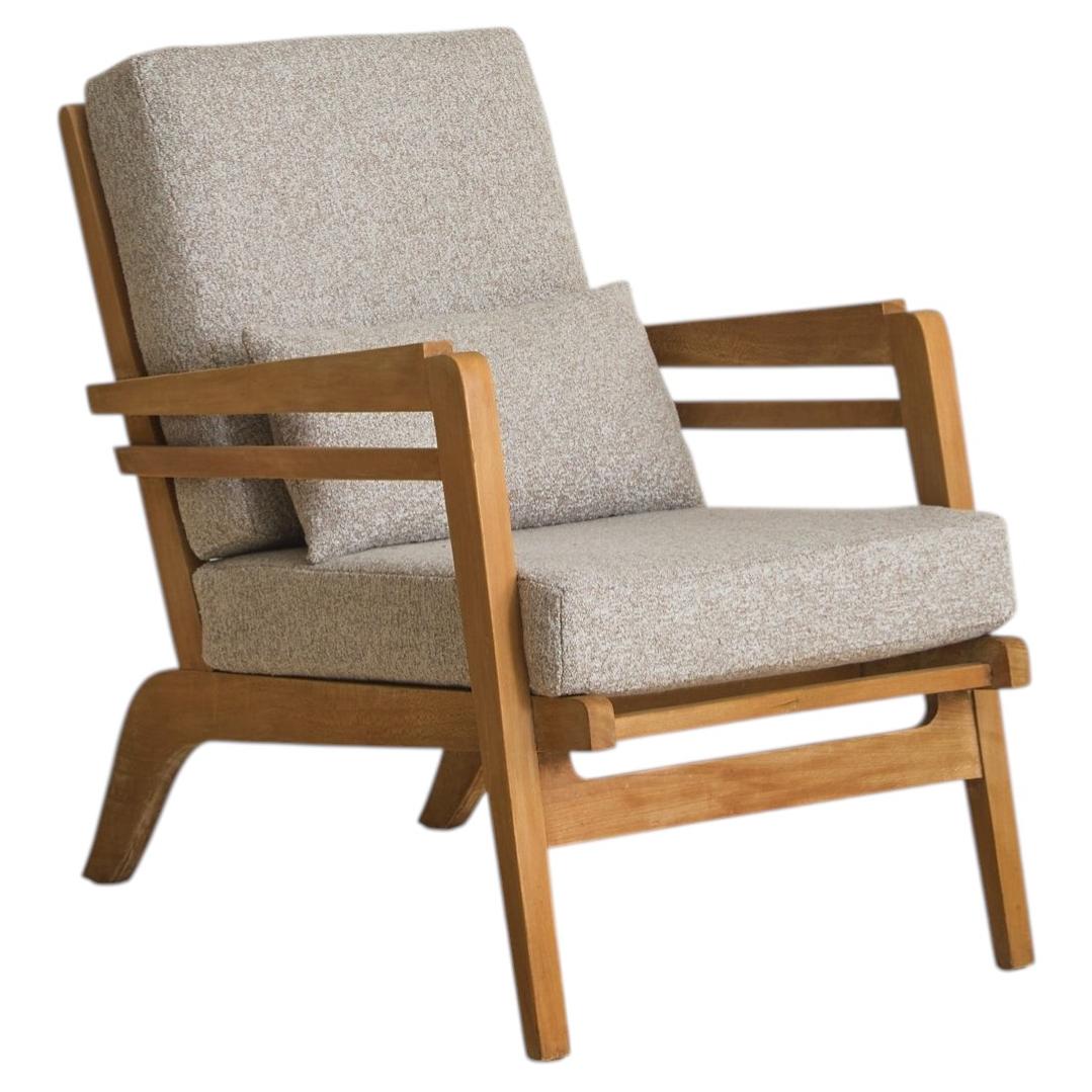 French Lounge Chair + Pillow in the Manner of René Gabriel, 1940s - 2 Available For Sale