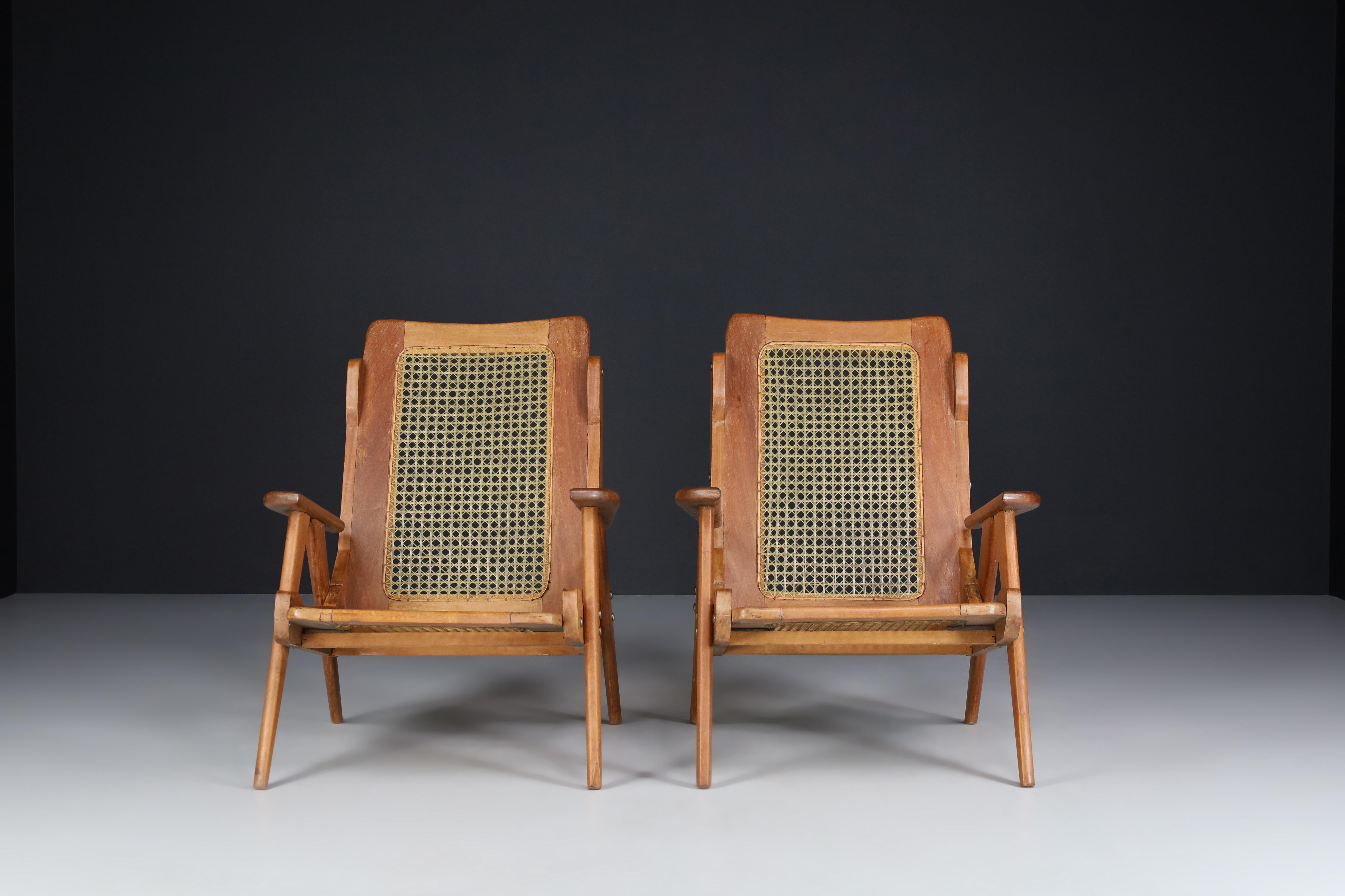 French Lounge Chairs with Teak Structure and Webbing, France, 1950s 4