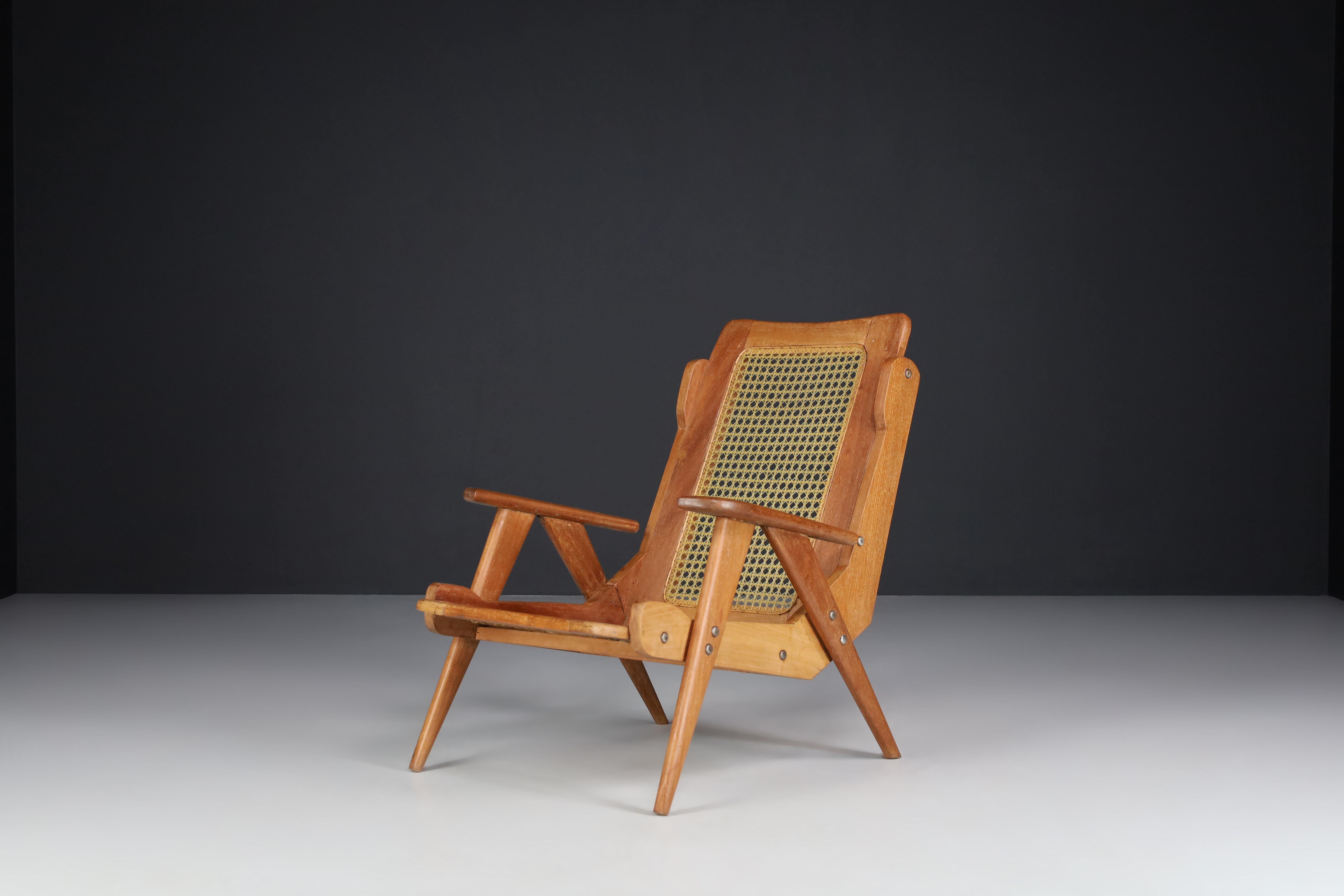 Mid-Century Modern French Lounge Chairs with Teak Structure and Webbing, France, 1950s