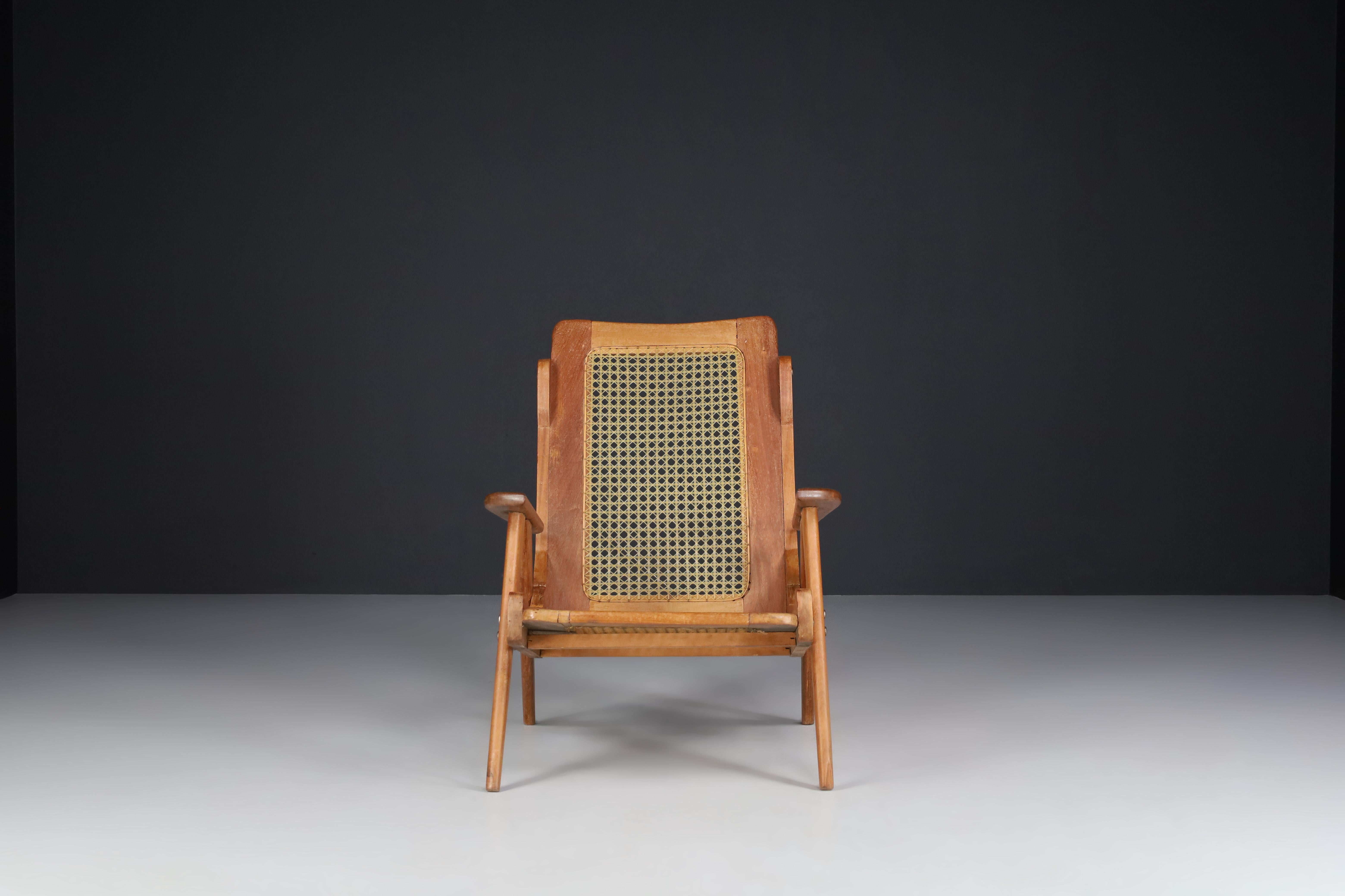 20th Century French Lounge Chairs with Teak Structure and Webbing, France, 1950s