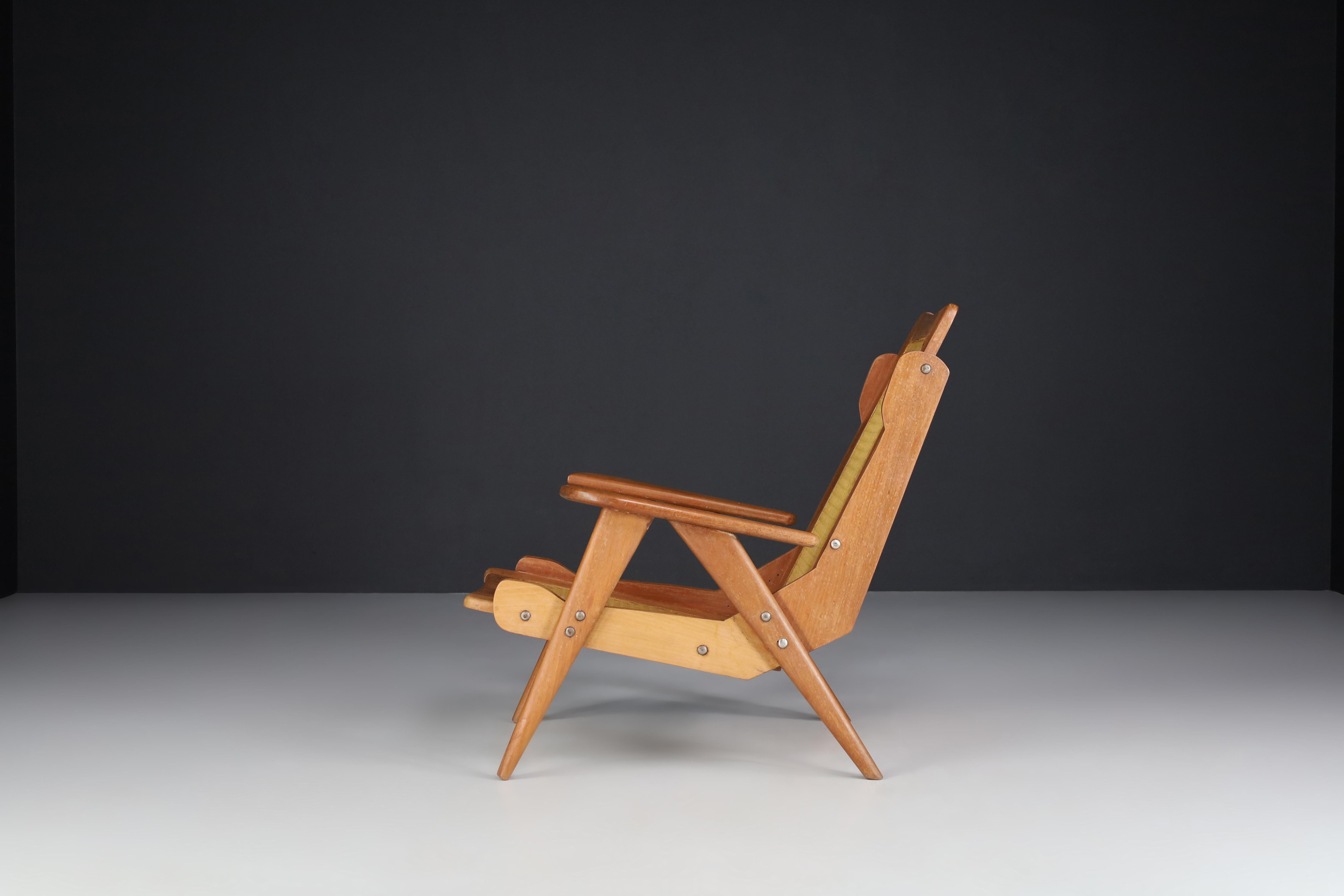 Cane French Lounge Chairs with Teak Structure and Webbing, France, 1950s