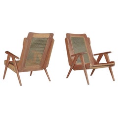 French Lounge Chairs with Teak Structure and Webbing, France, 1950s