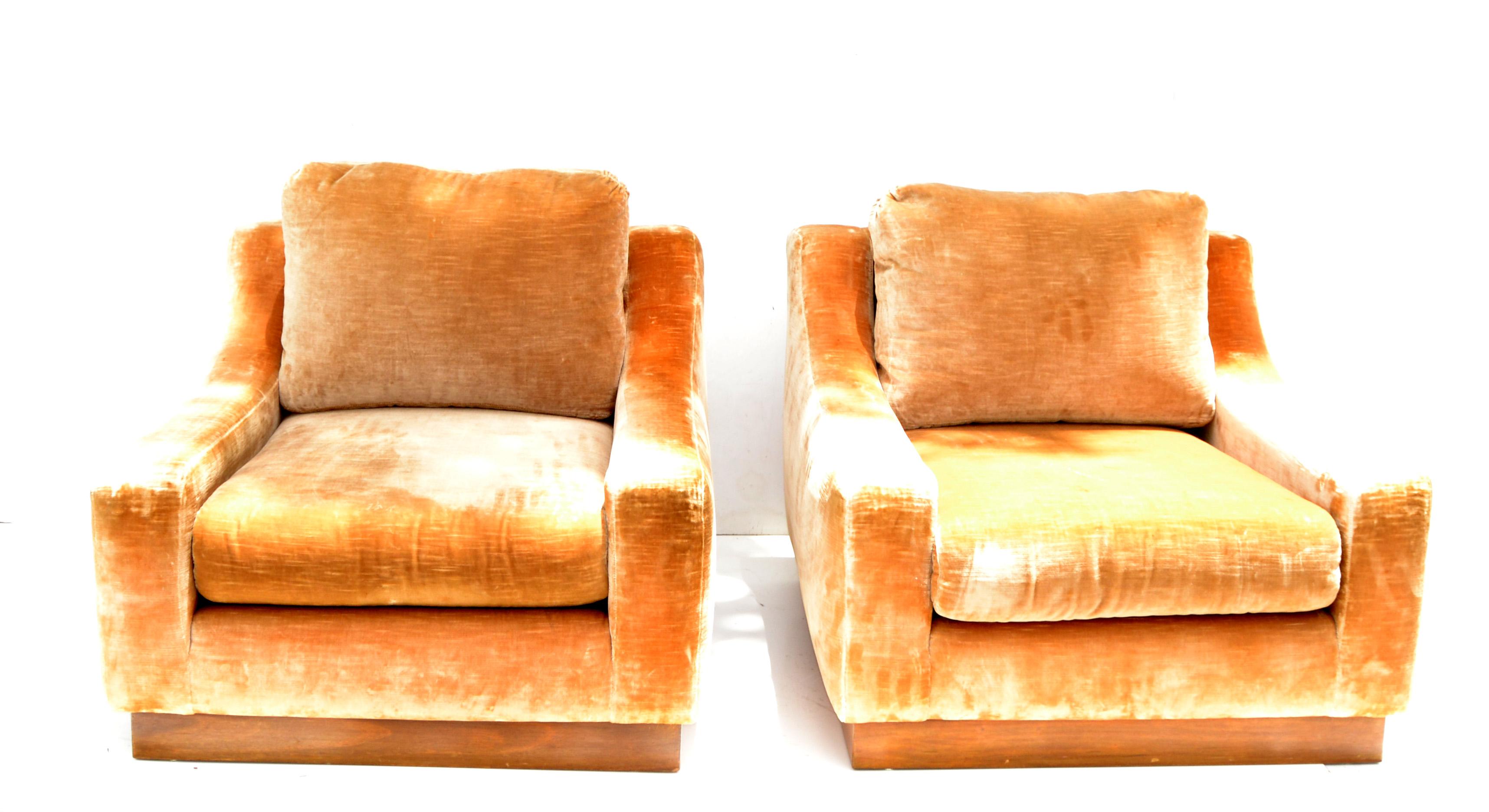 French lounge Mid-Century Modern Beige Corduroy & Wood Lounge Chair Pair 6
