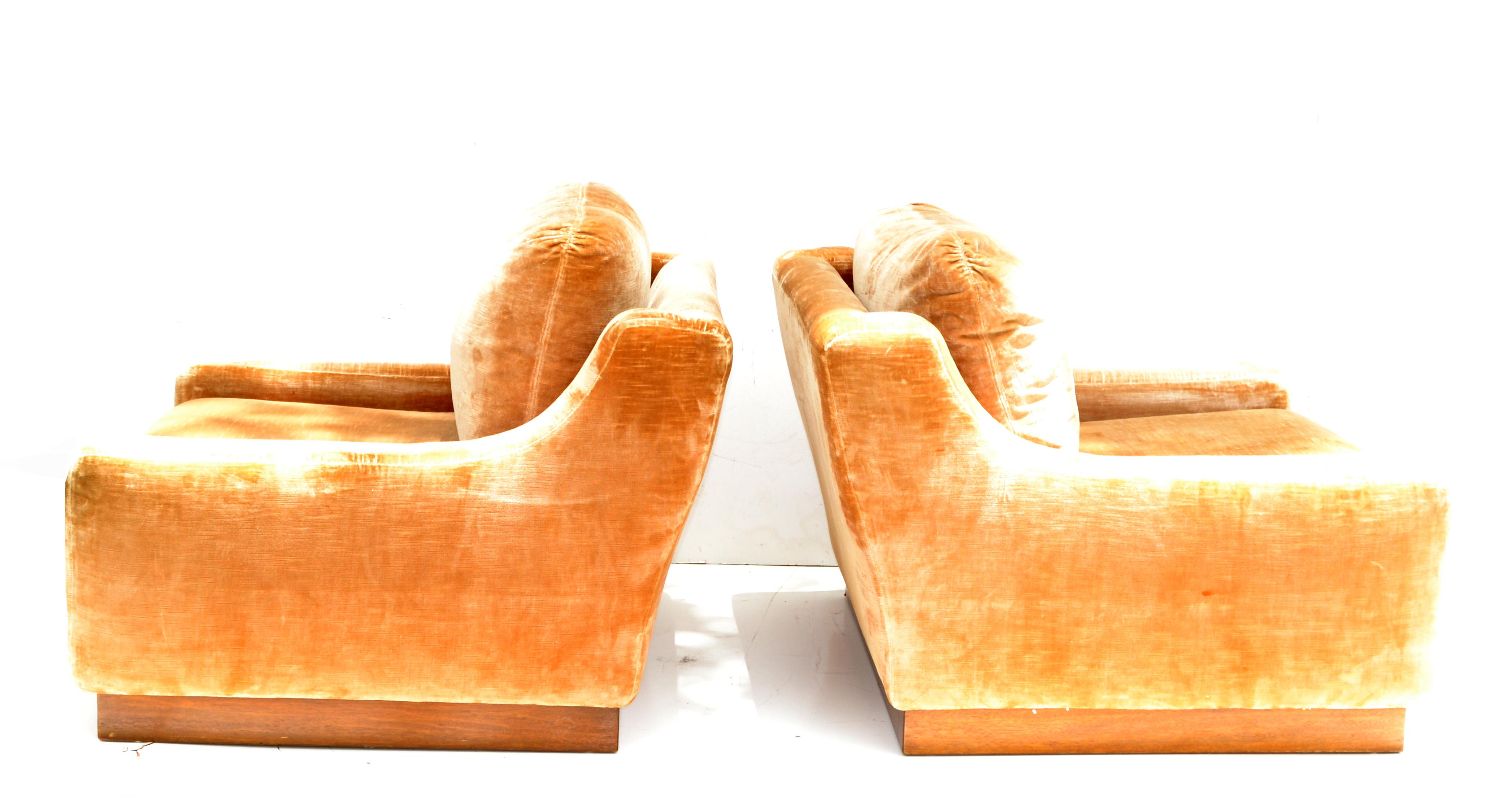 French lounge Mid-Century Modern Beige Corduroy & Wood Lounge Chair Pair 8