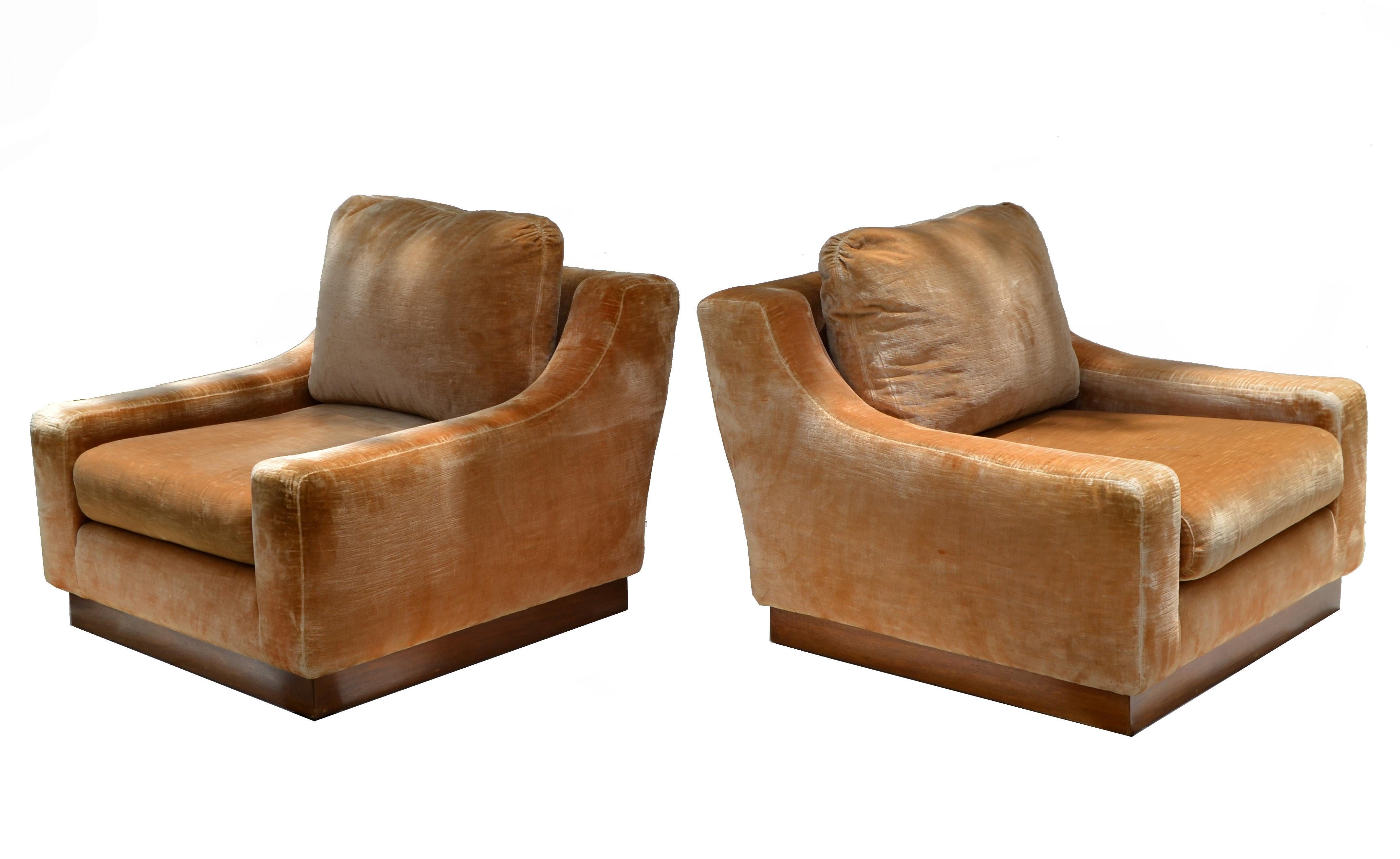 French lounge Mid-Century Modern Beige Corduroy & Wood Lounge Chair Pair 9