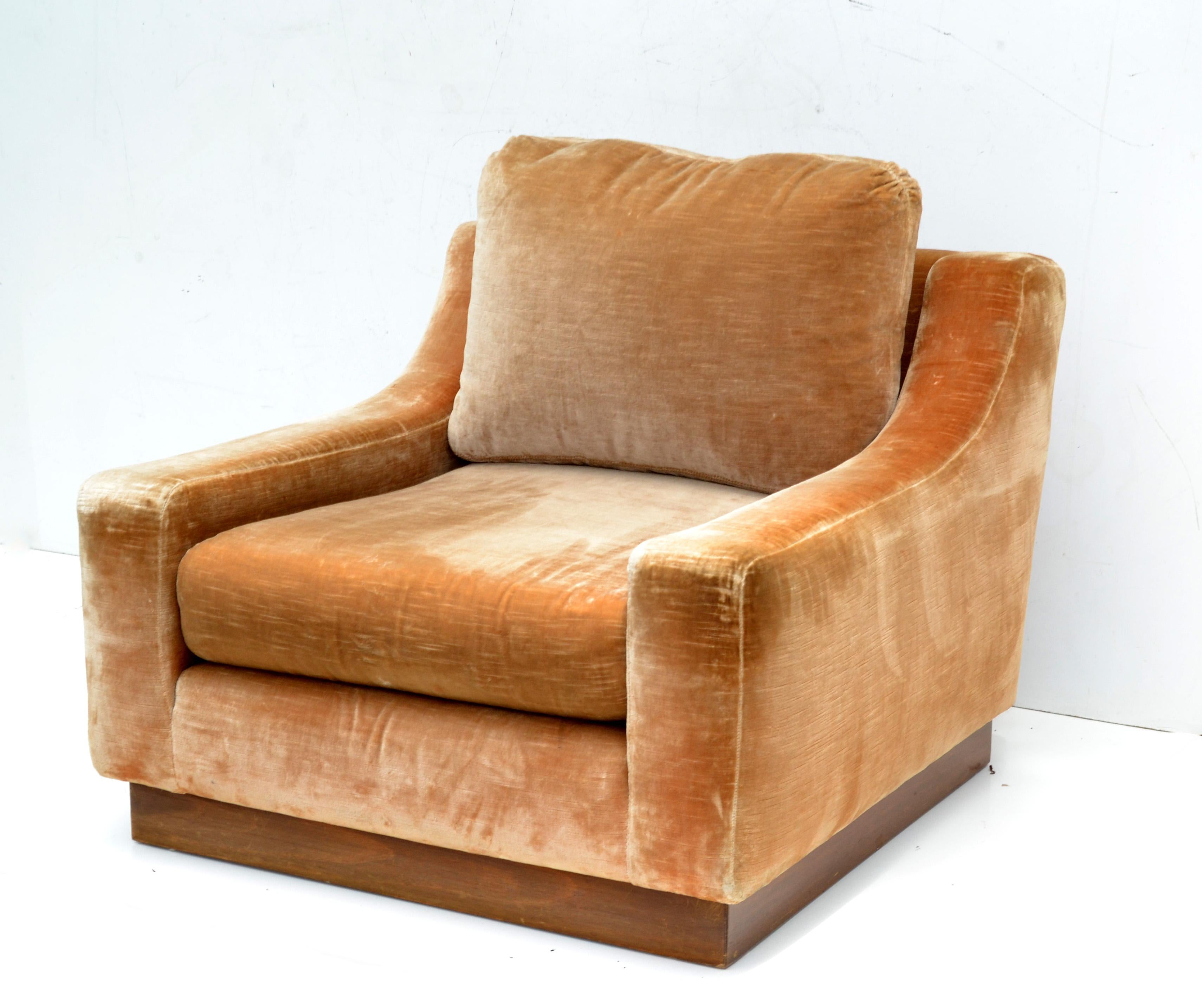 American French lounge Mid-Century Modern Beige Corduroy & Wood Lounge Chair Pair