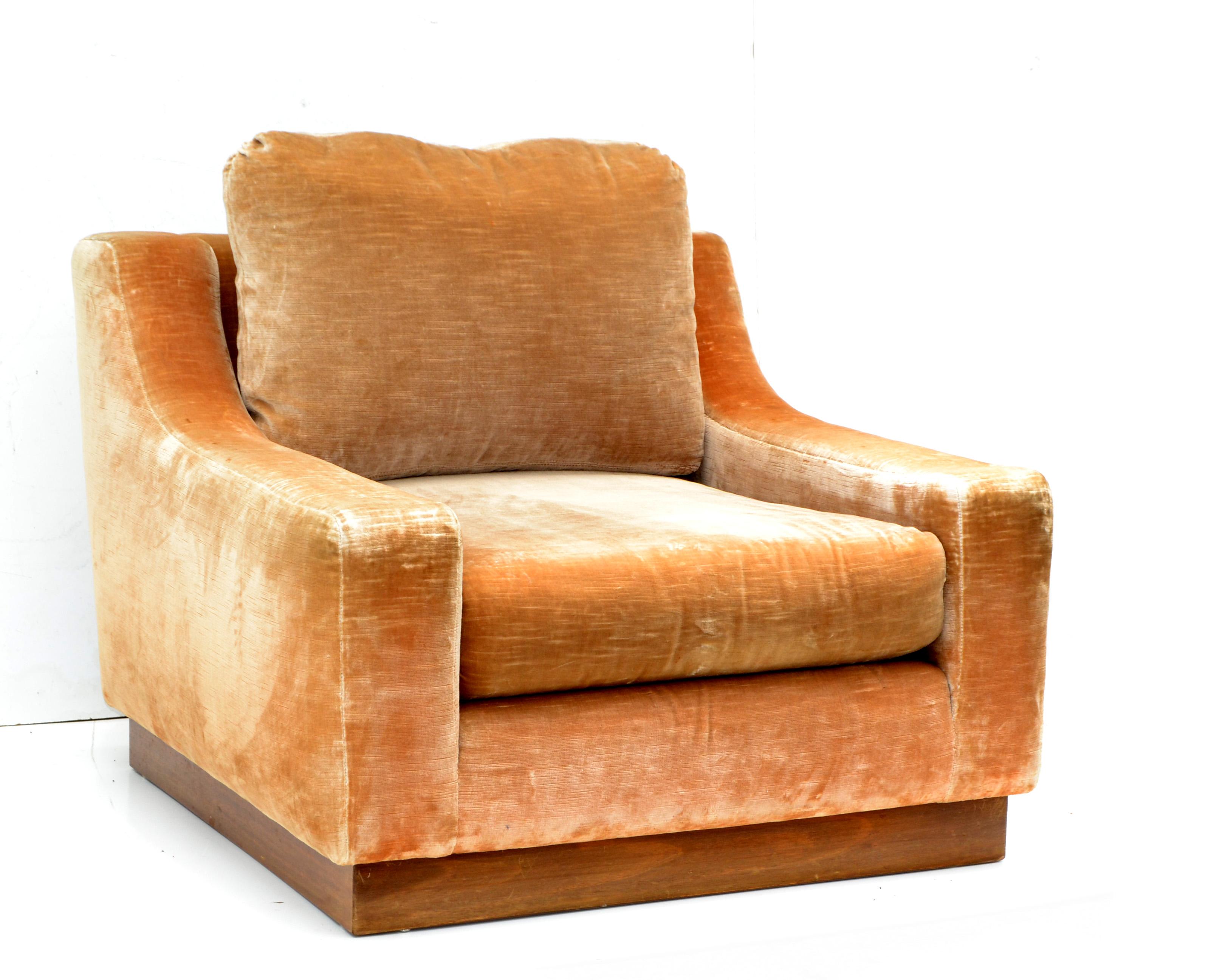 French lounge Mid-Century Modern Beige Corduroy & Wood Lounge Chair Pair In Good Condition In Miami, FL
