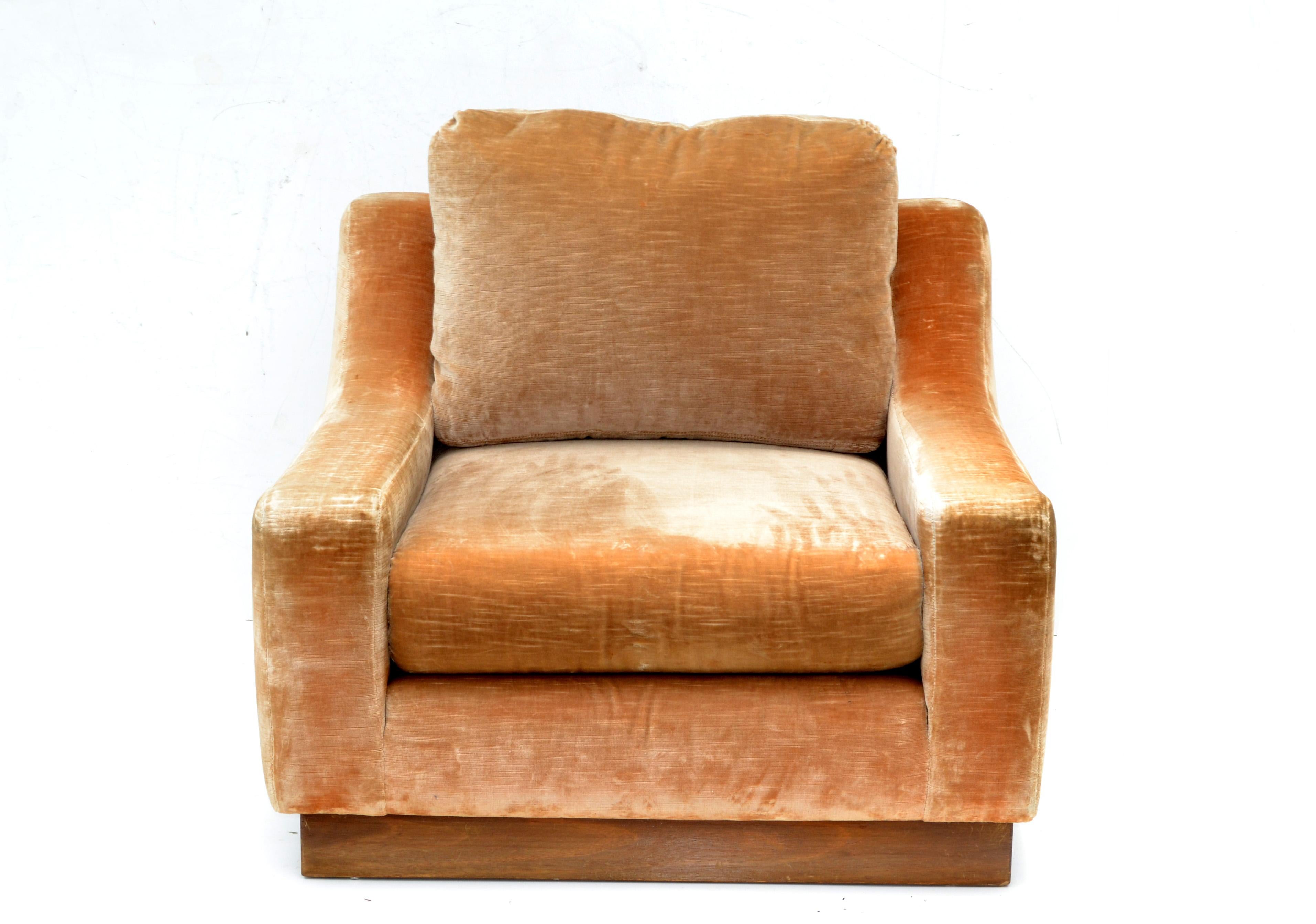 Mid-20th Century French lounge Mid-Century Modern Beige Corduroy & Wood Lounge Chair Pair