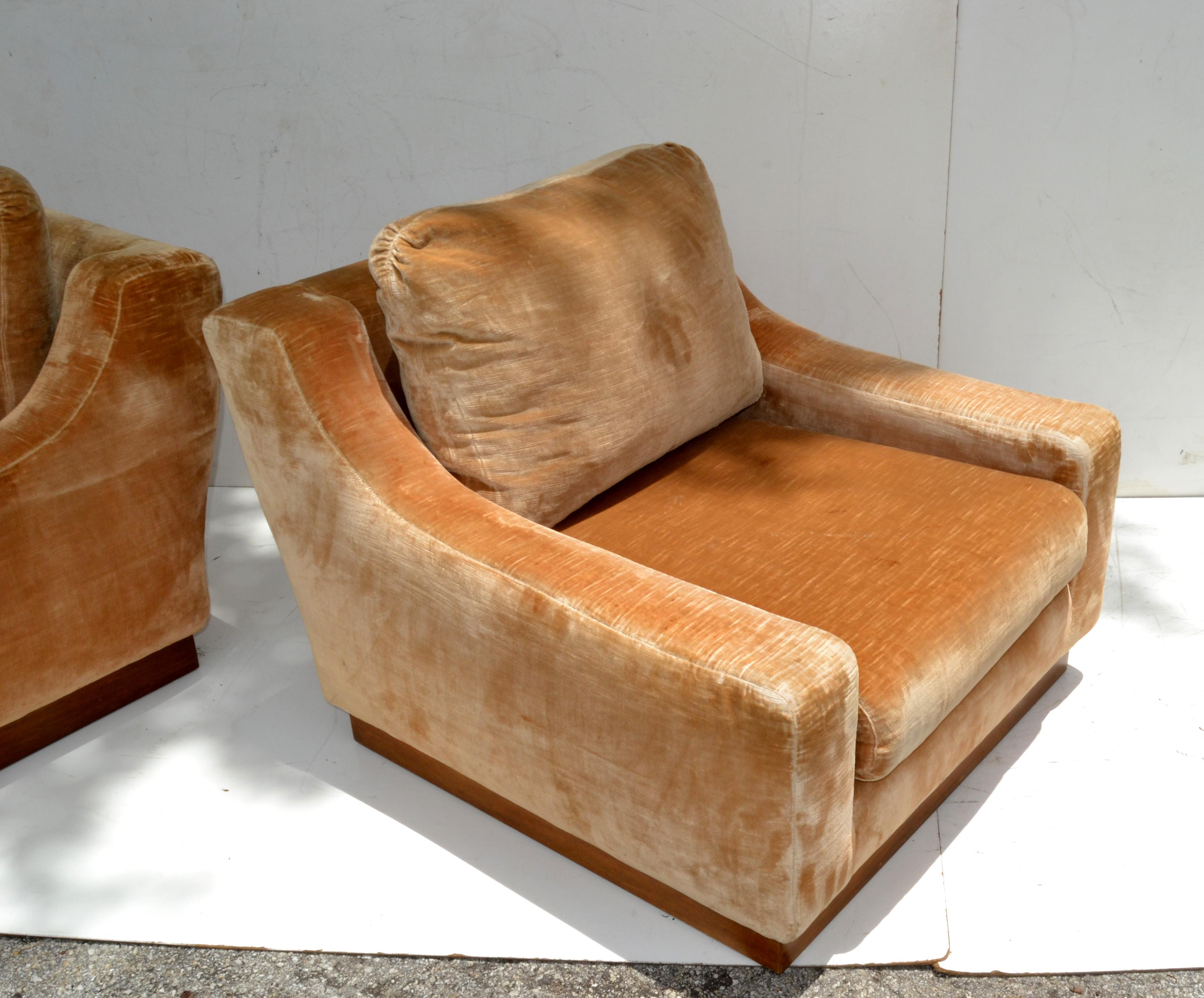 French lounge Mid-Century Modern Beige Corduroy & Wood Lounge Chair Pair 3