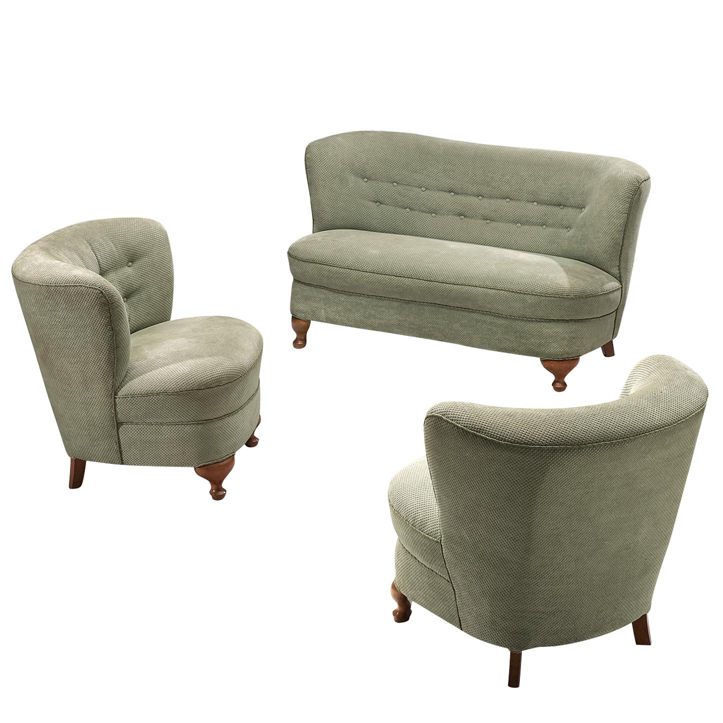 French Lounge Set in Light Green Fabric, 1950s