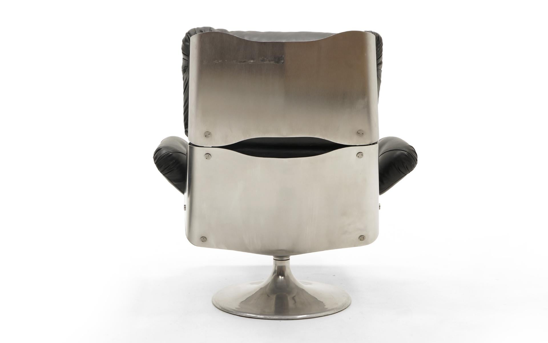 Mid-Century Modern French Lounge Swivel Chair & Ottoman, Matte Chrome, Cast Aluminum, Black Vinyl