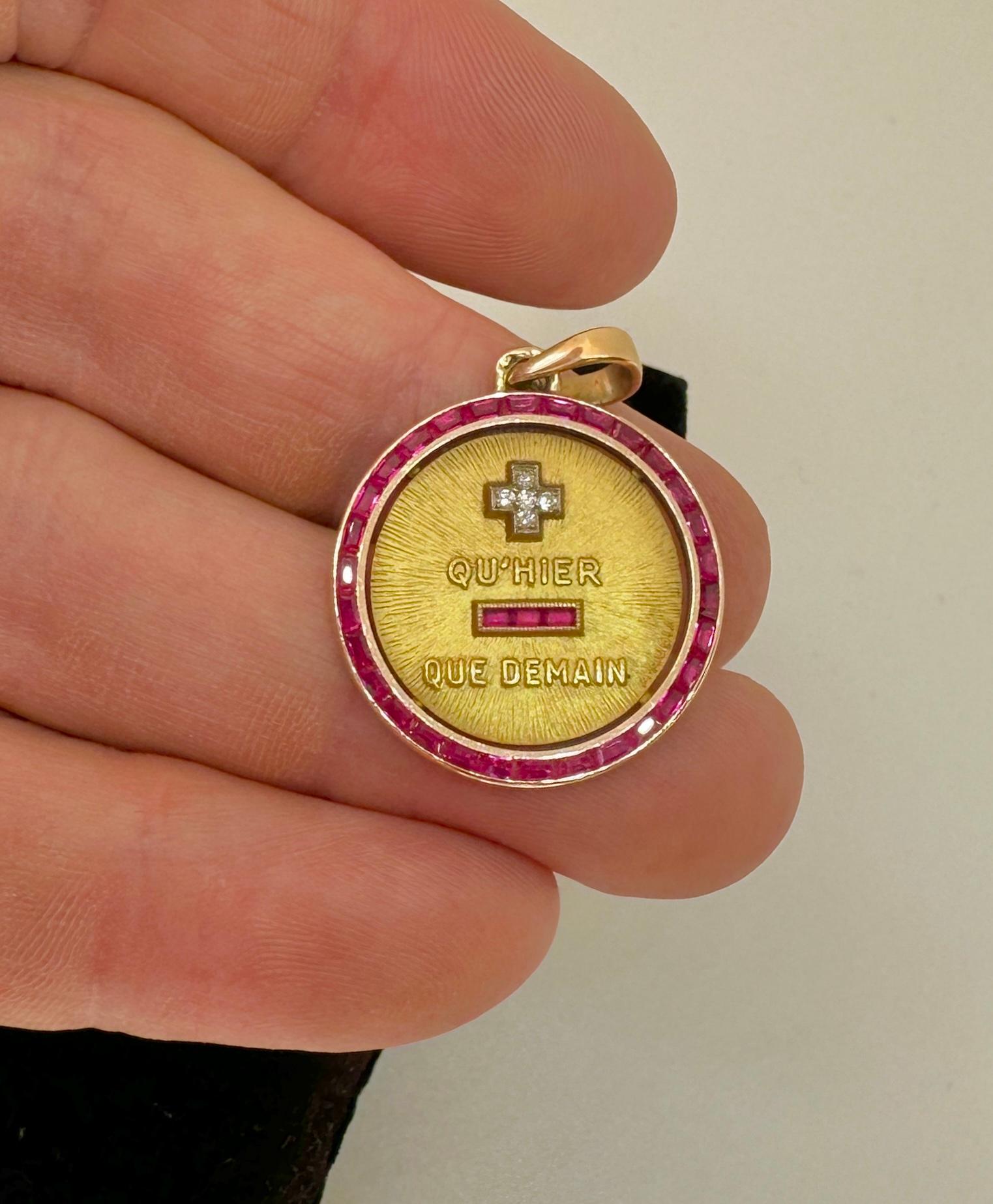 French Love Token Pendant Ruby Diamond Qu'Hier Que Demain 18 Karat Gold A. Augis In Excellent Condition In New York, NY