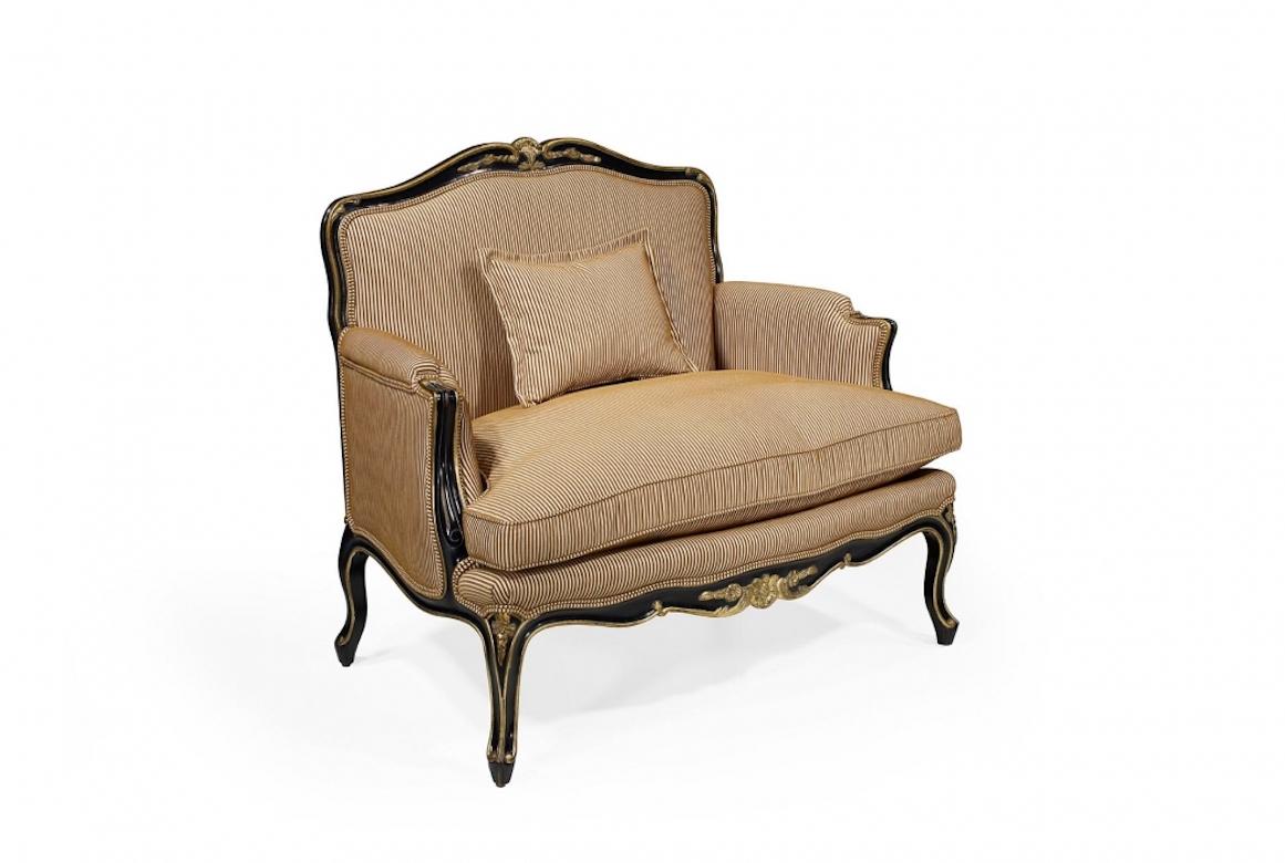A stunning French loveseat armchair, 20th century.

The loveseat armchair is shown in cherrywood with an antique black finish and details in gold leaf. It is also known as demi-canapé and is normally capable of accommodating two people. Details in