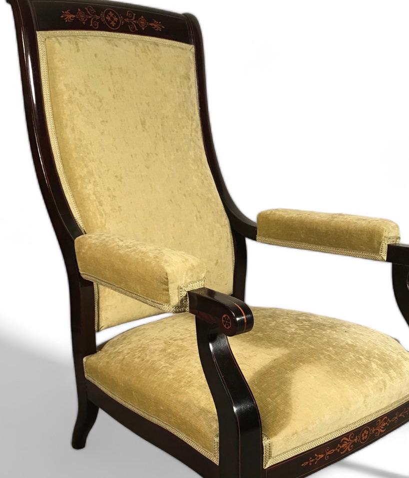 Marquetry  French Low Armchair or Lounge Chair, Restoration Period 1840 For Sale