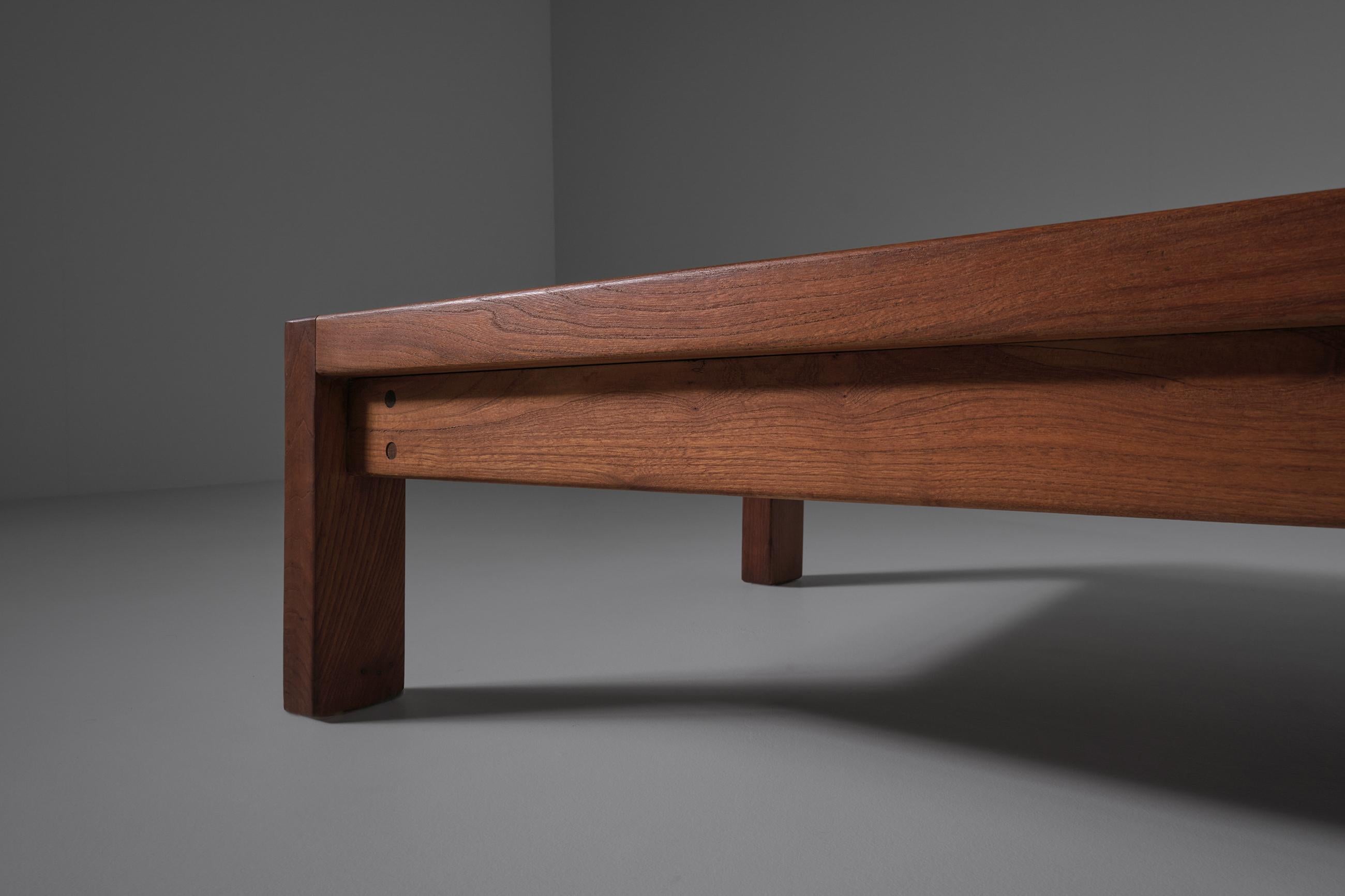 French Low Bench in Solid Elm, France 1960s 2