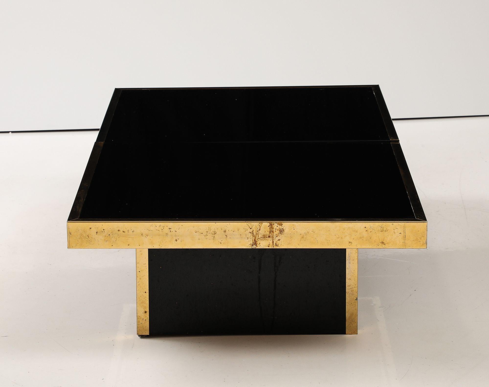 French Low Coffee Table in Opaline Glass with Brass Trim and Inner Storage For Sale 3