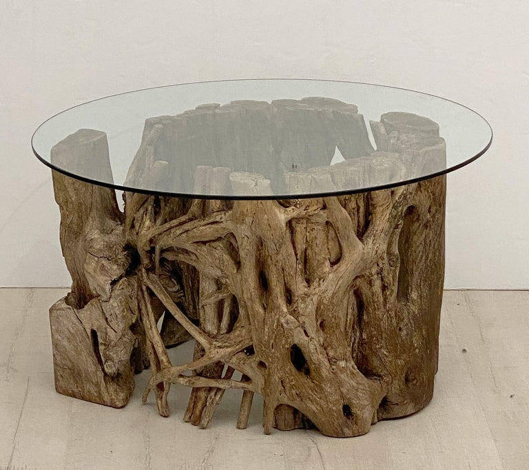 French Low Coffee Table on Rustic Mangrove or Driftwood Base For Sale 9