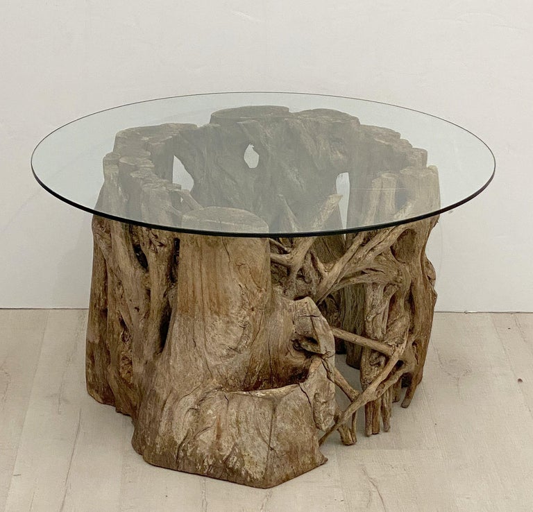 French Low Coffee Table on Rustic Mangrove or Driftwood Base For Sale 12
