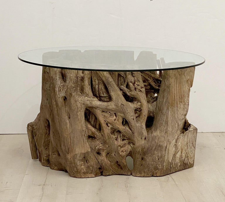 French Low Coffee Table on Rustic Mangrove or Driftwood Base For Sale 14