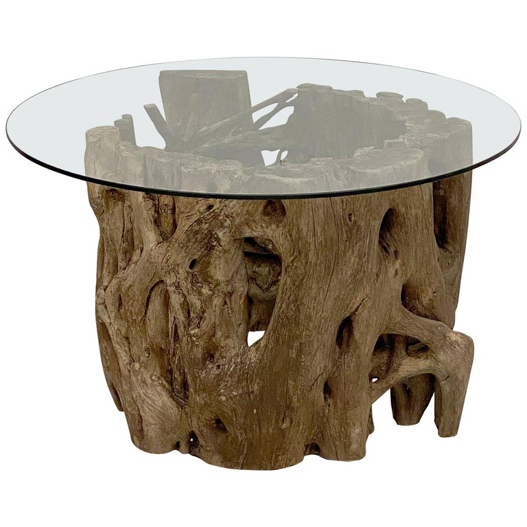 French Low Coffee Table on Rustic Mangrove or Driftwood Base For Sale