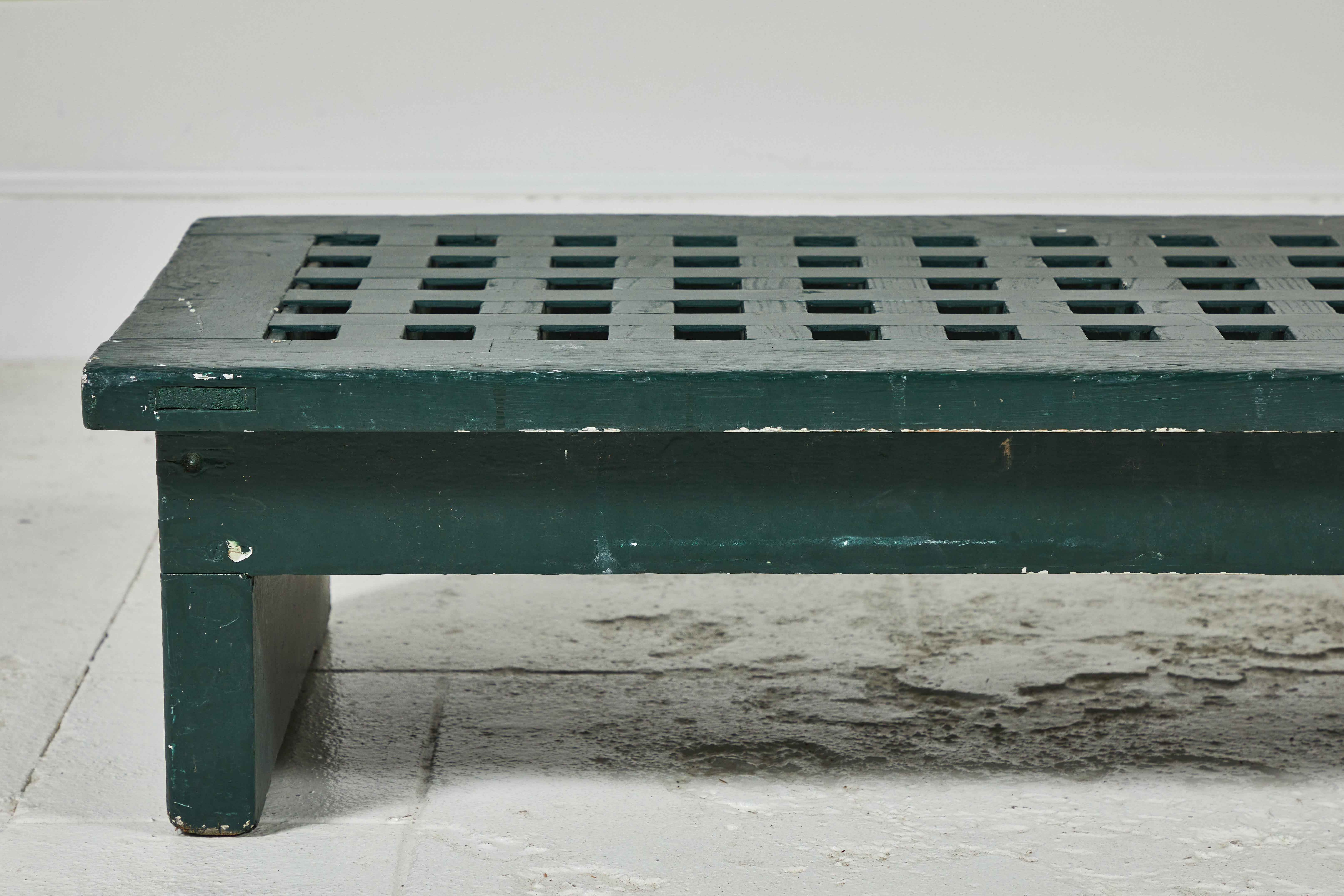 French Low Green Coffee Table with Perforated Squares In Good Condition In Los Angeles, CA