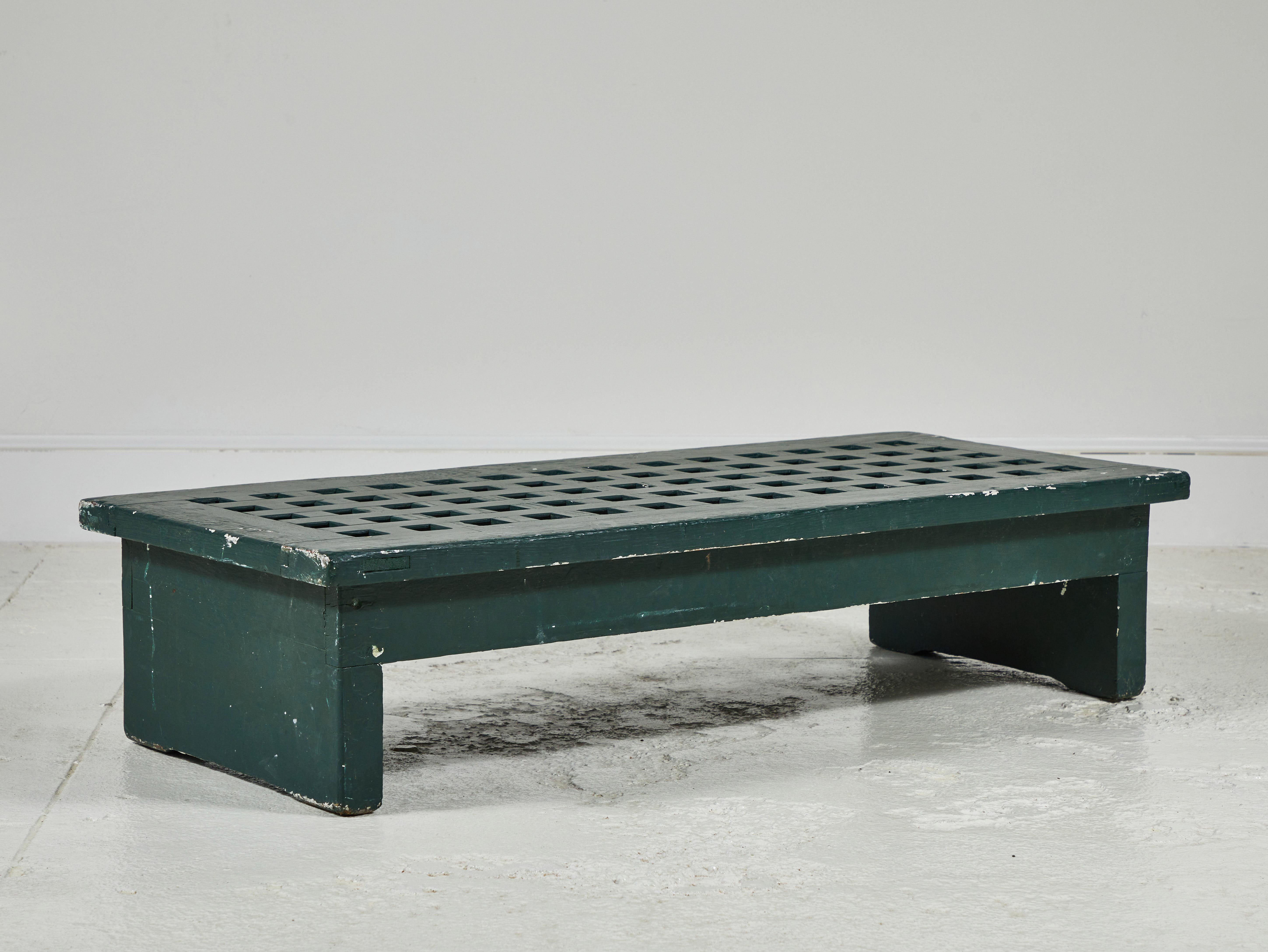 Wood French Low Green Coffee Table with Perforated Squares