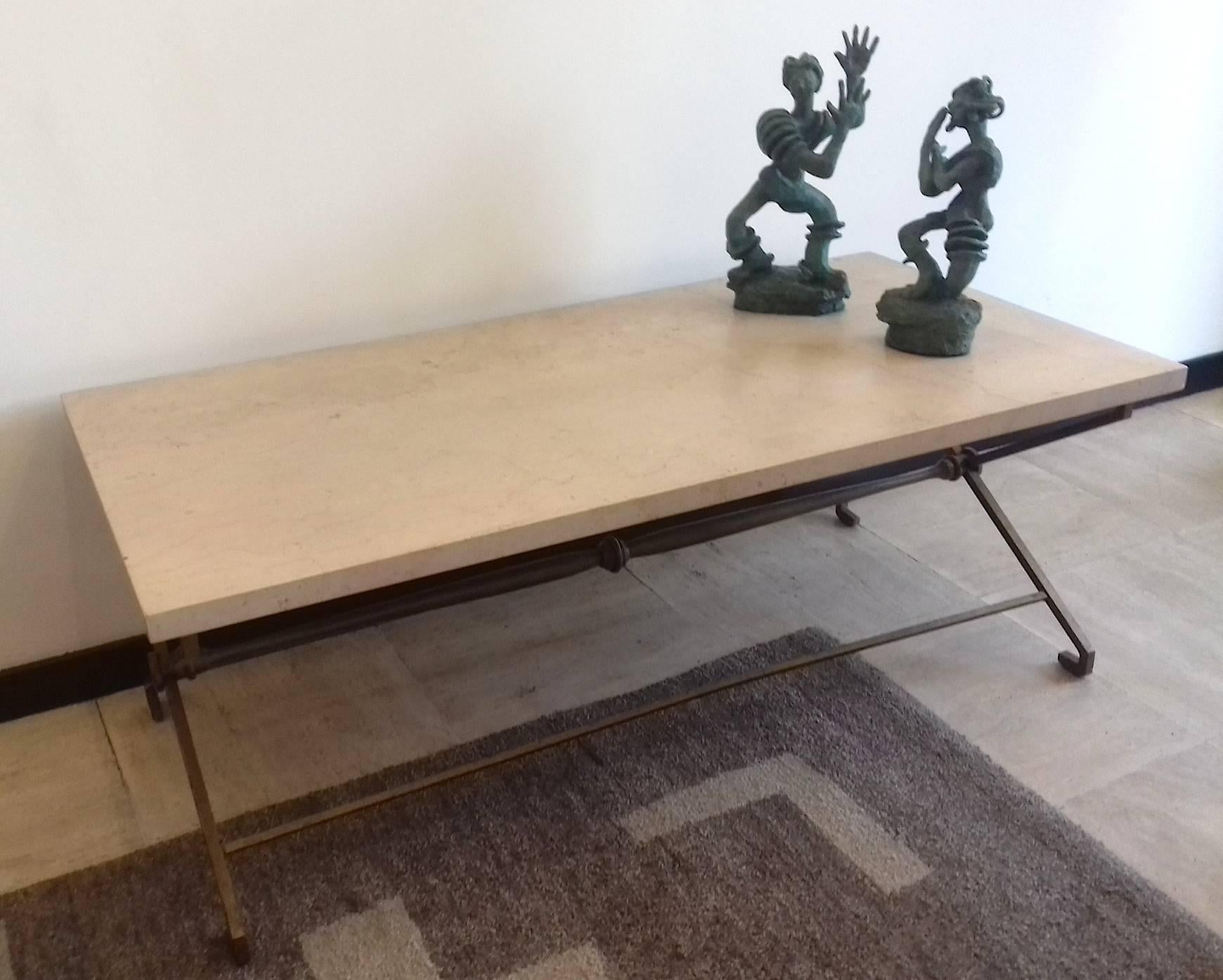 Mid-Century Modern French Low Table, circa 1940, Golden Iron and Travertine