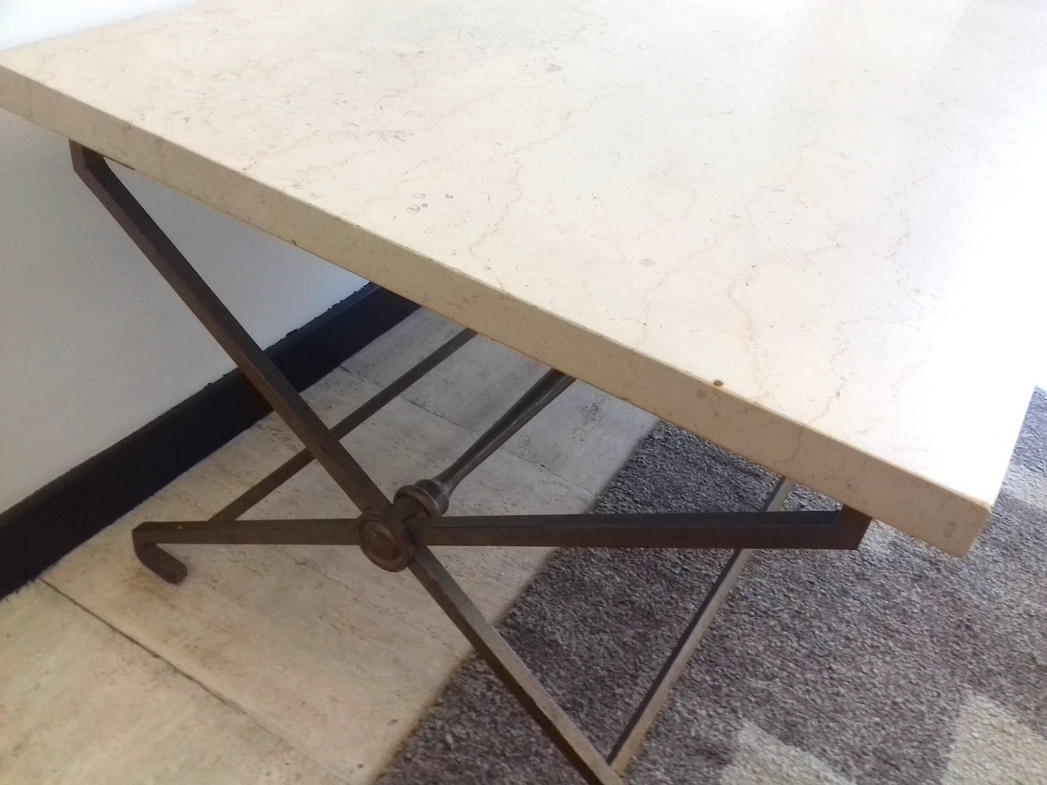 French Low Table, circa 1940, Golden Iron and Travertine In Excellent Condition In Saint-Ouen, FR