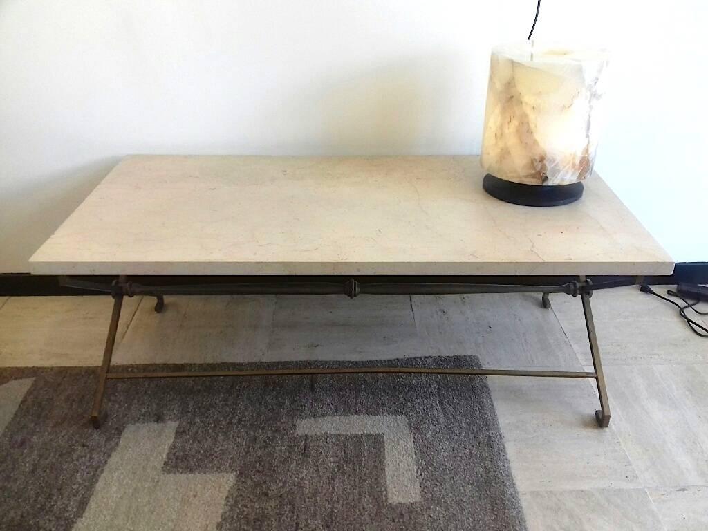 Metal French Low Table, circa 1940, Golden Iron and Travertine