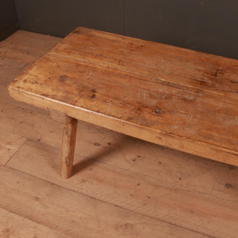 Primitive 19th century French sycamore and elm low table with a 6cm thick two board top, 1880

Dimensions:
60 inches (152 cms) wide
23 inches (58 cms) deep
20.5 inches (52 cms) high.

 