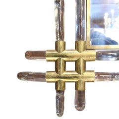 1970s French Mid-Century Modern Lucite Brass Faux Bamboo Wall Mirror
