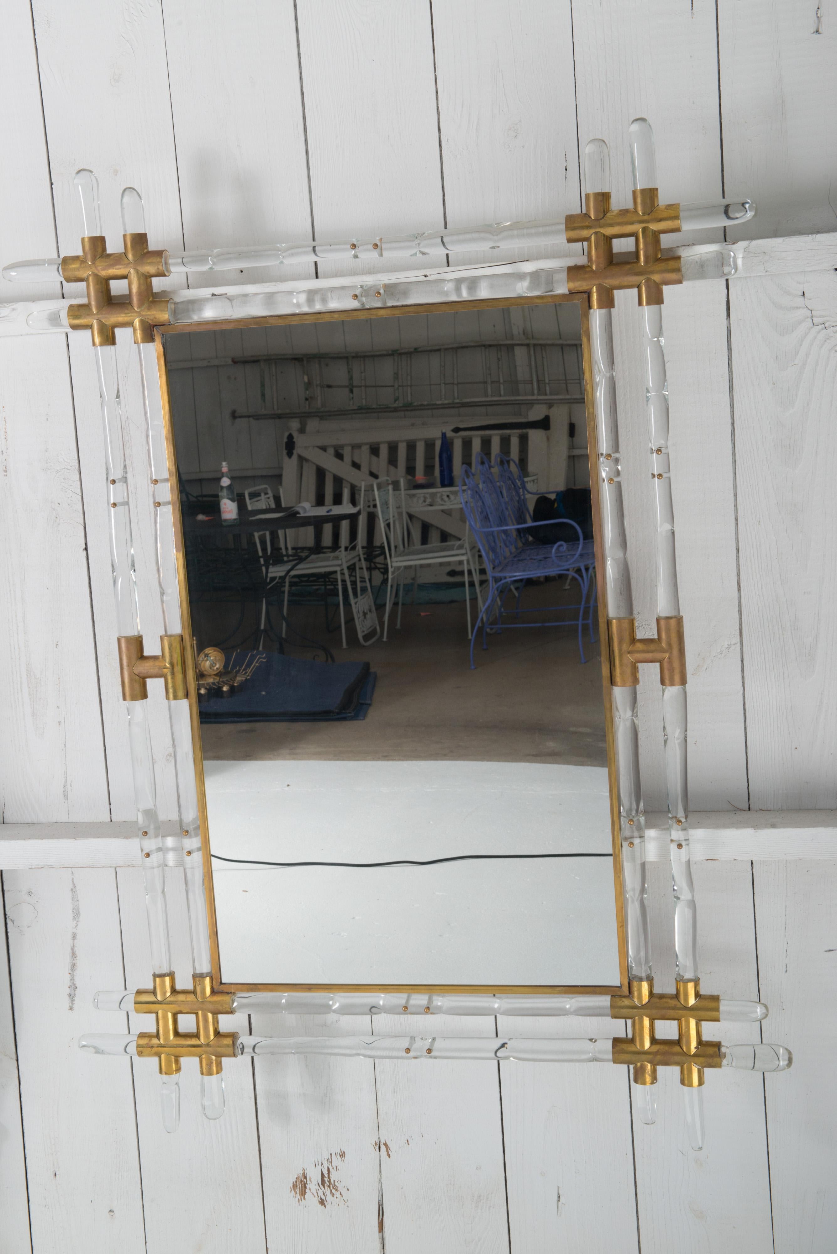 French Lucite and Brass Faux Bamboo Wall Mirror In Good Condition For Sale In Stamford, CT