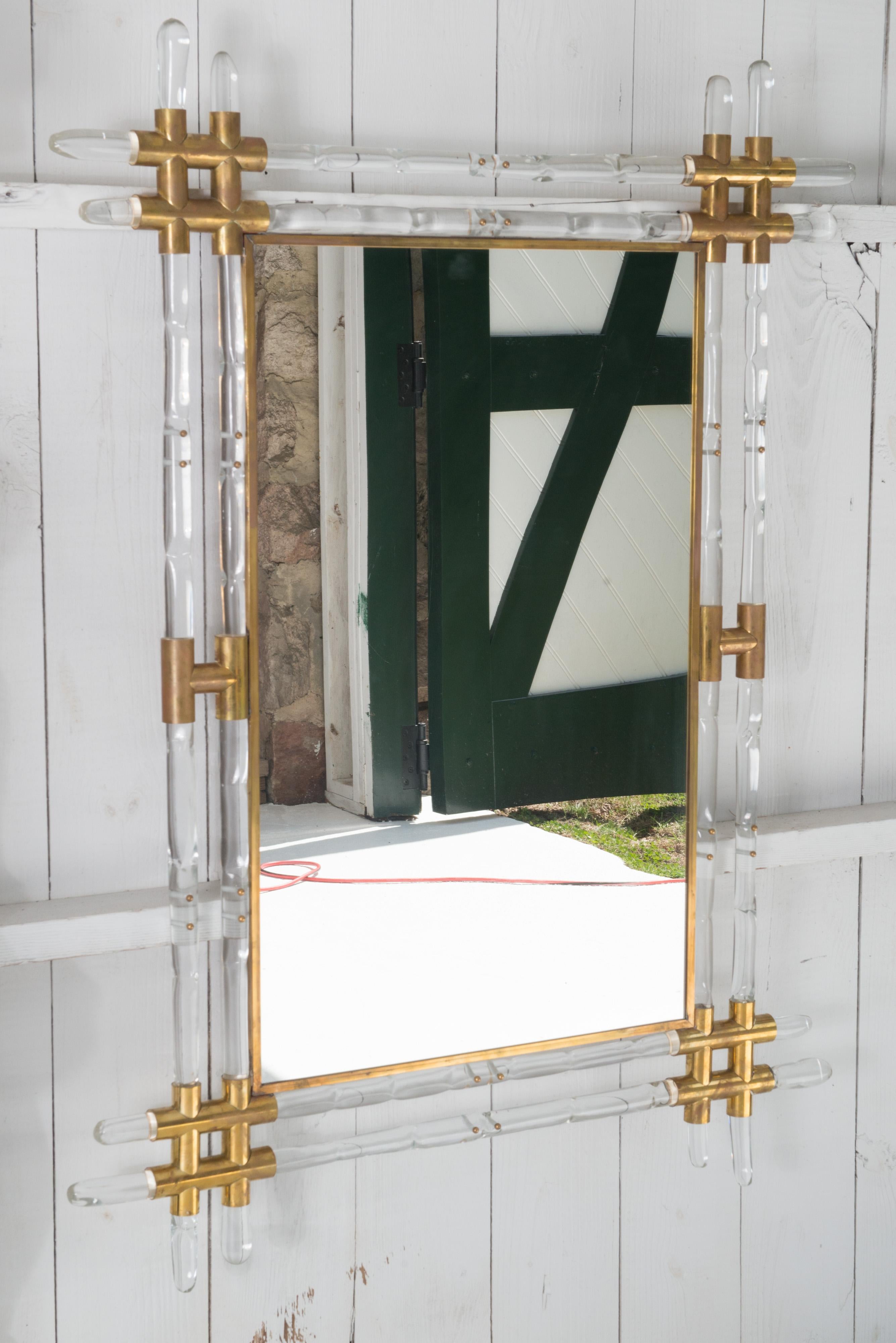 Late 20th Century French Lucite and Brass Faux Bamboo Wall Mirror For Sale