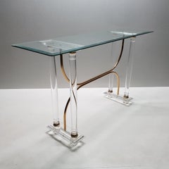 French Lucite Brass Console Table with Faceted Glass Top, 1980s