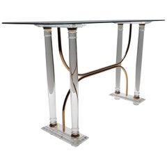 French Lucite Brass Console Table with Faceted Glass Top, 1980s