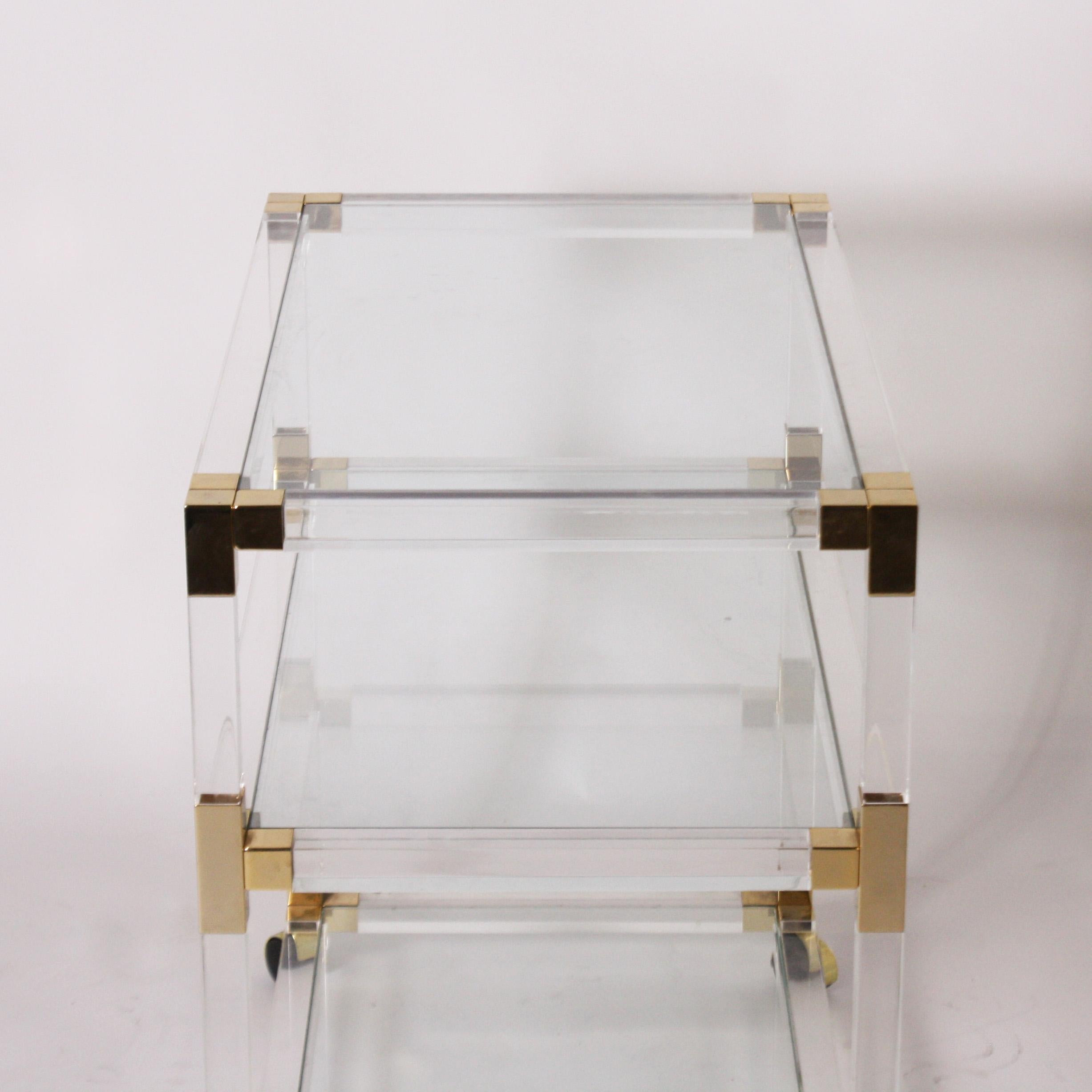 French Lucite, Glass and Brass 3-Tier Table, circa 1970 In Good Condition In Dallas, TX