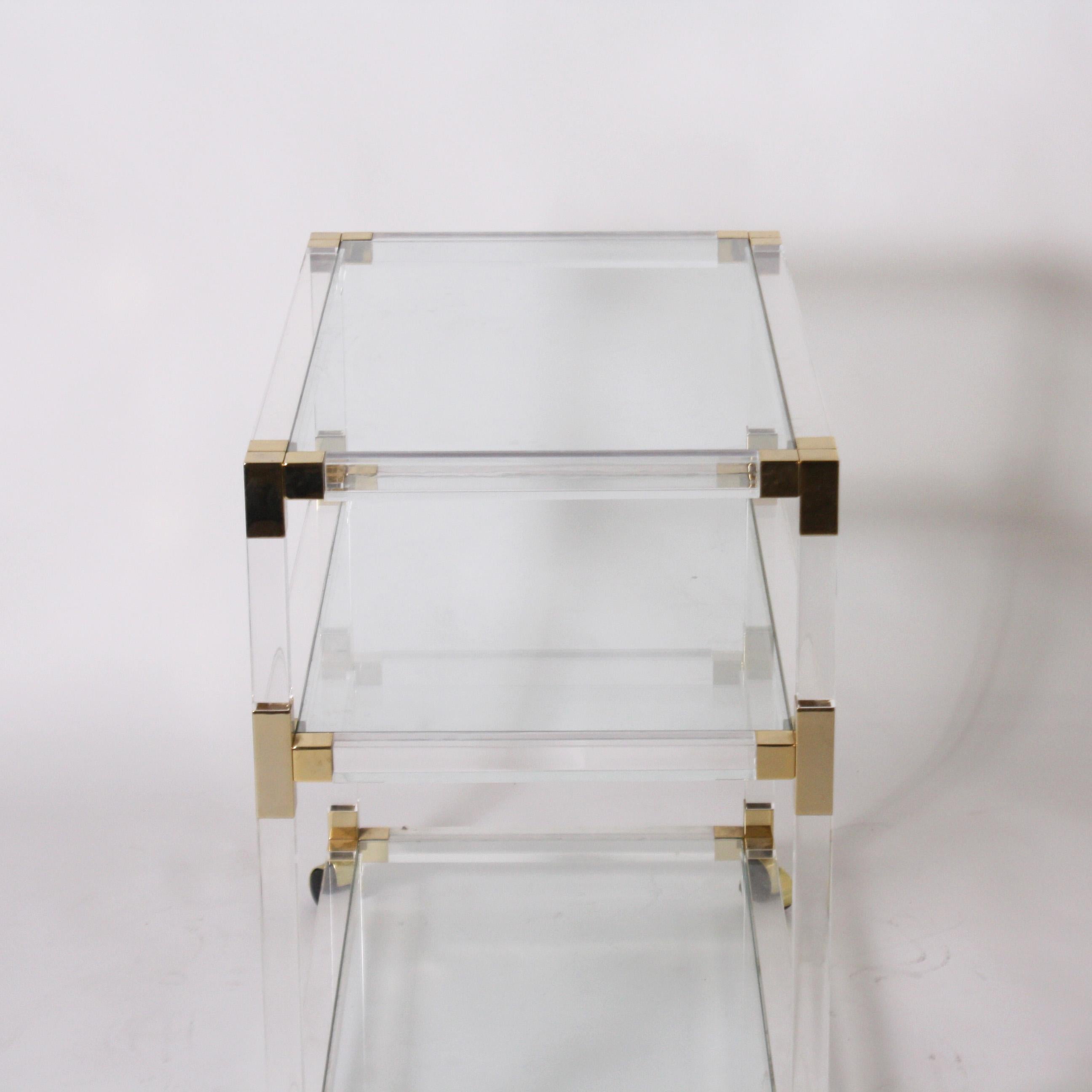 French Lucite, Glass and Brass 3-Tier Table, circa 1970 2