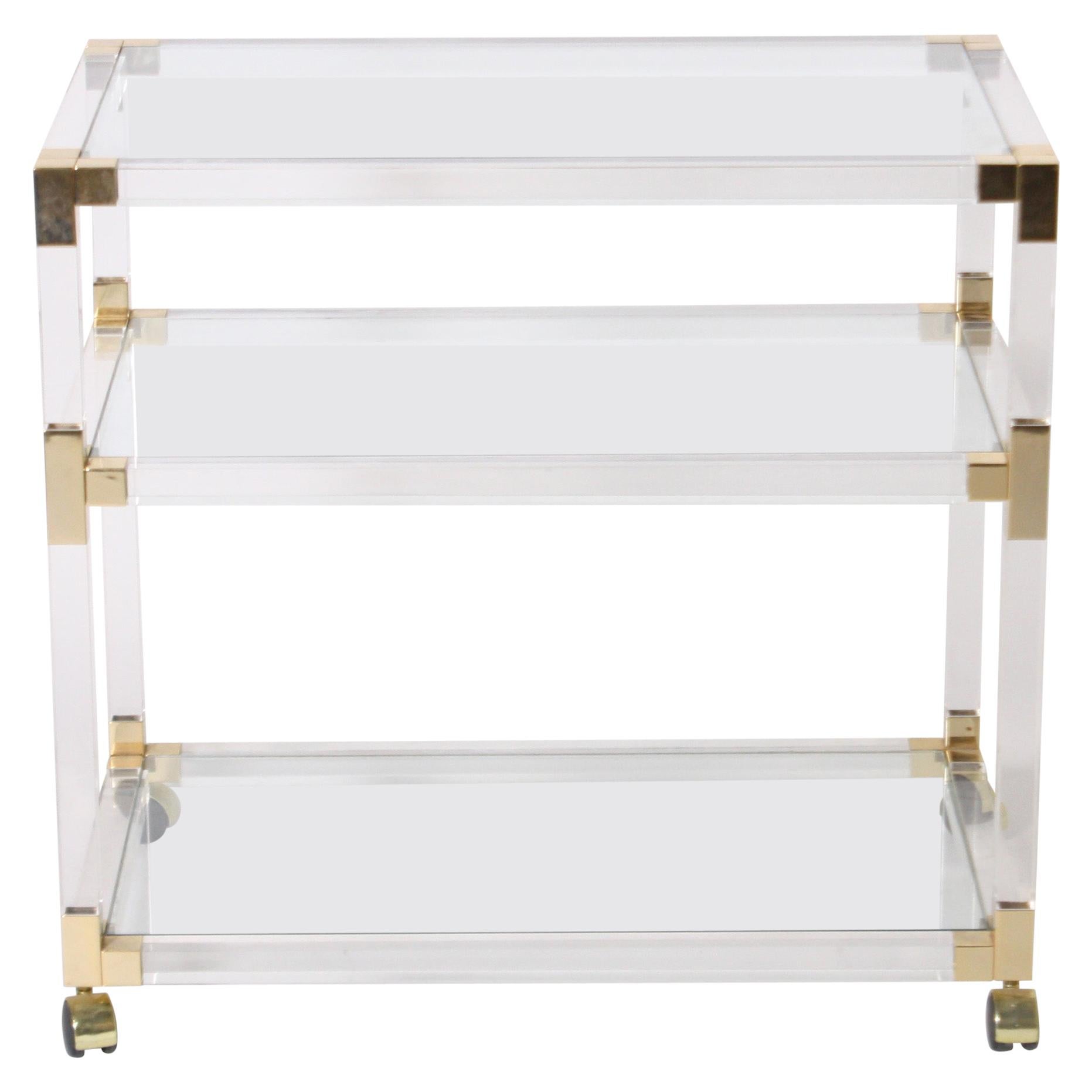 French Lucite, Glass and Brass 3-Tier Table, circa 1970