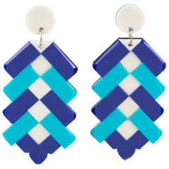 French Lucite Marquetry Clip on Earrings White Cobalt Baby Blue 