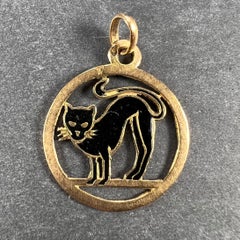 French Lucky Black Cat 18k Yellow Gold Enamel Charm Pendant